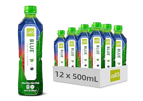 ALO Bebida de jugo de aloe vera AZUL - Aloe Vera + arándano 16.9 fl oz, paquete de 12 Bebida a base de plantas con pulpa de aloe real