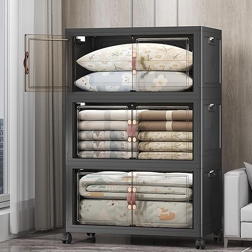 Miniatura 18 de Contenedores de almacenamiento extra grandes apilables con tapas y ruedas y puerta, 448QT-112QT/28GAL*4Pack Organizadores de armario plegables y
