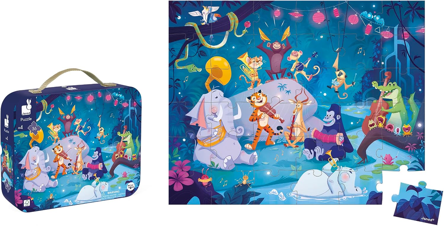Janod 36 Piece Children’s Jigsaw Puzzle - Summer Festivities - Giftable Carrying Case with Fabric Handle - Whimsical Jungle Concert - Ages 4-8 Years - J02539