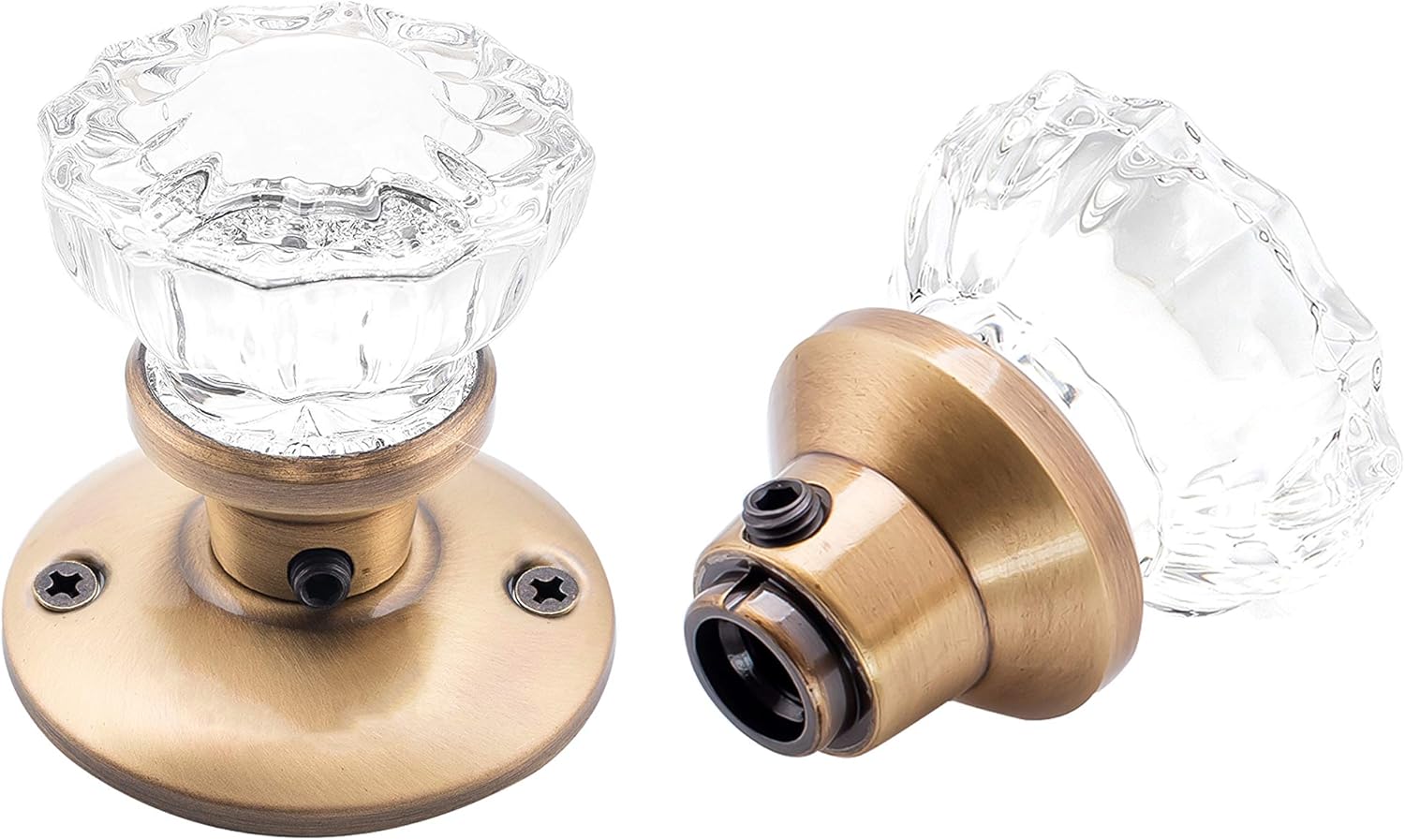 Rousso's Reproductions Solid Fluted Glass Door Knobs Set Screws and spindles 0019-ABx2 [4 Knobs (2 Pair)] [Antique Brass]