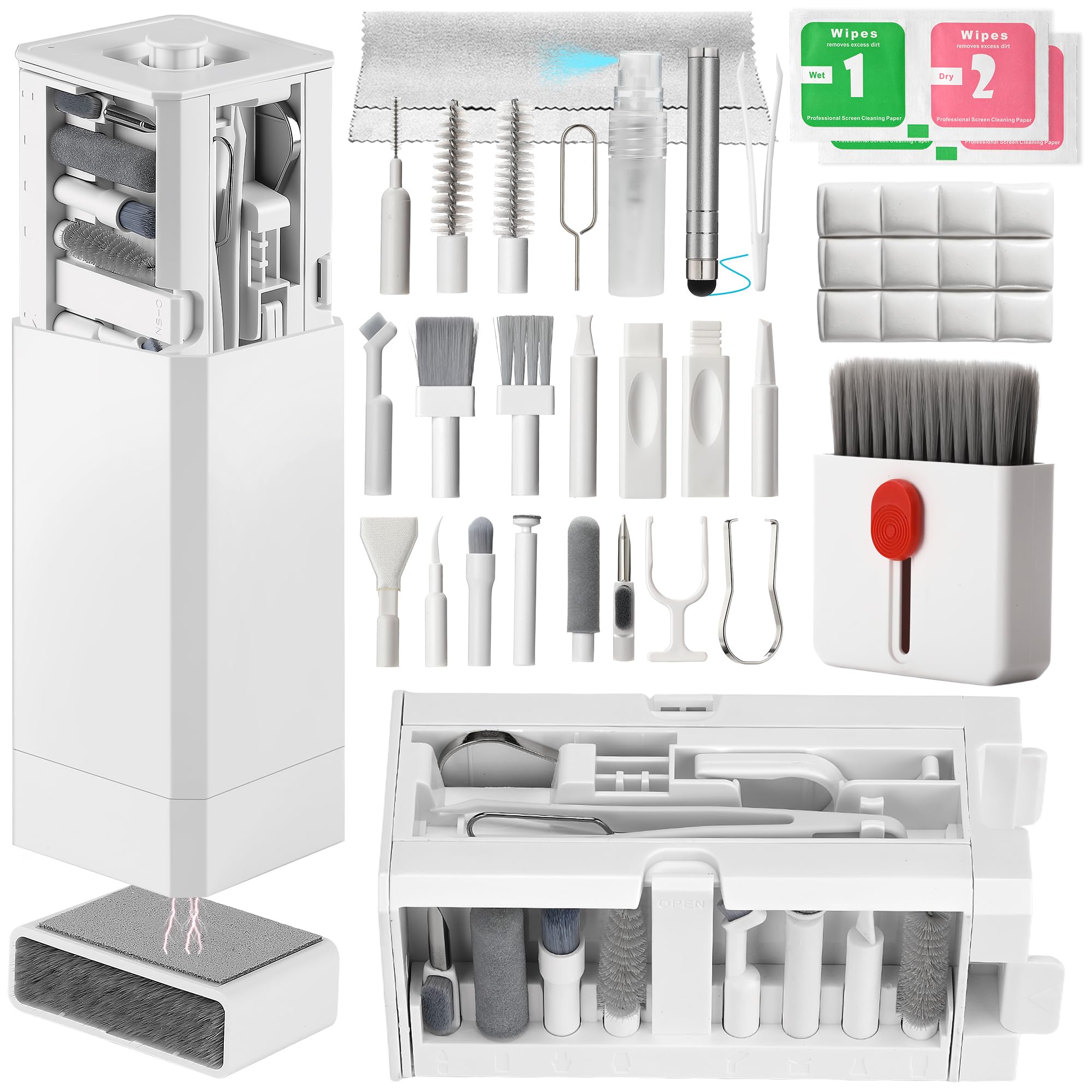 Cell Phone Cleaning Kit, iPhone Cleaning Kit for Charging Port Cleaner Keyboard Cleaning Kit for Airpods/Android/USB C/Earbuds/Laptop/iPad/Camera Lens with Stylus Pen (White (with Putty and Cloth))