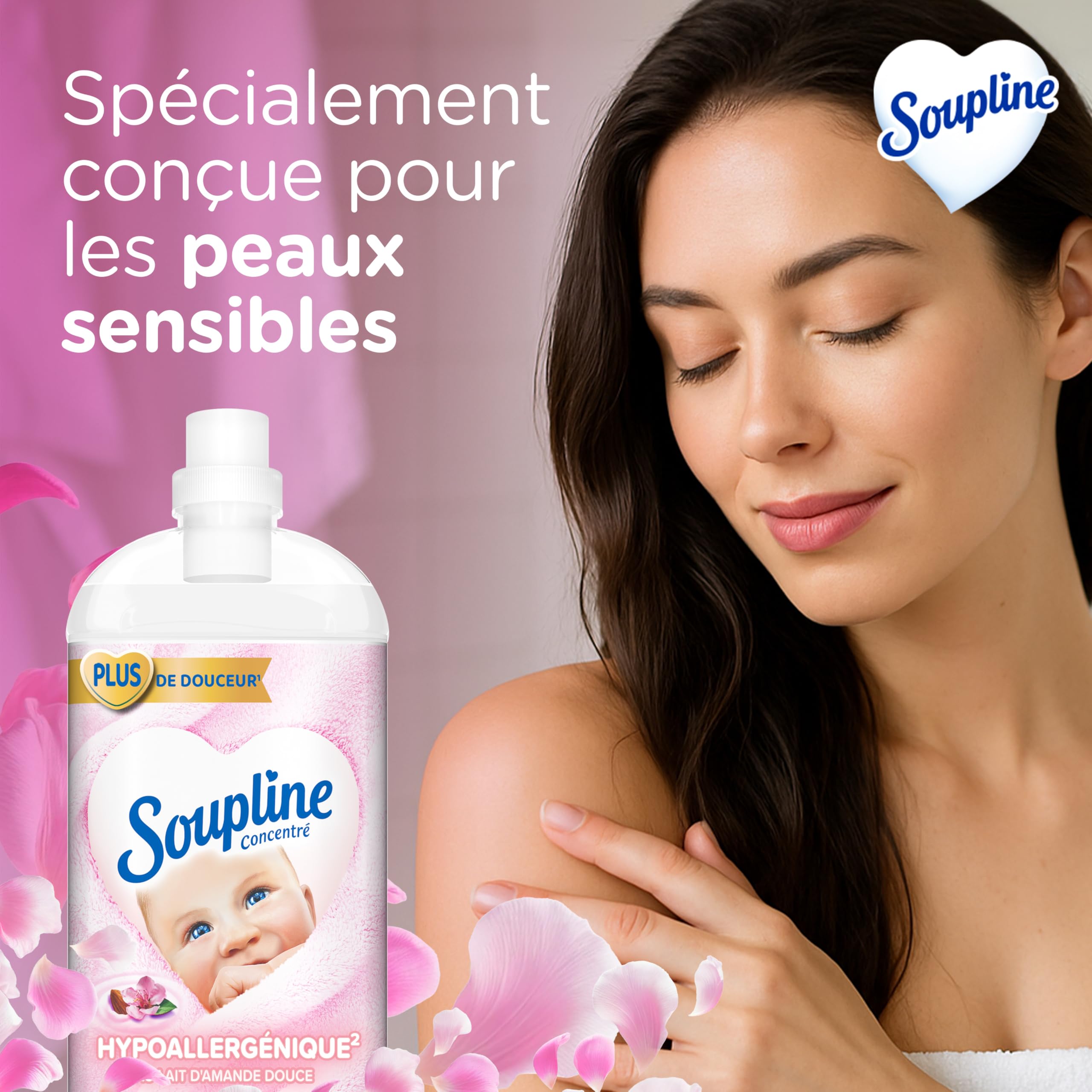 SOUPLINE Adoucissant Linge Hypoallergénique Concentré Senteur Amande Douce, Assouplissant Linge Formule Améliorée pour Plus de Douceur*, Assouplissant Textile Liquide, Soupline Lot de 3x1,35L