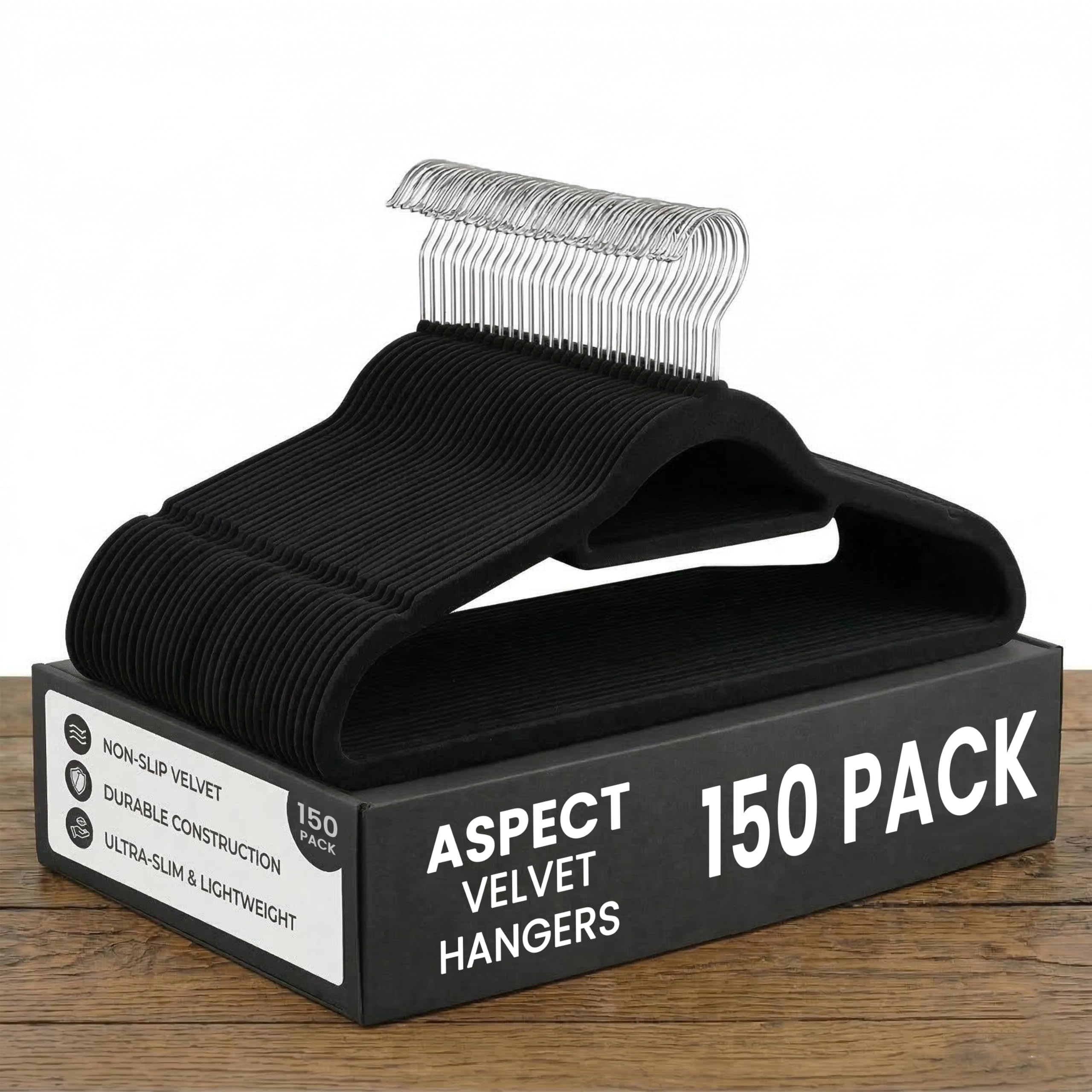 Aspect Velvet Hangers, Pack of 150 Heavy Duty Velvet Clothes Hangers, Non-Slip Coat Hangers with Tie Bar & 360° Swivel Hook, Slim Space-Saving Wardrobe Hangers For Suits, Shirts & Dresses (Black)