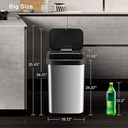 Miniatura 7 de Bote de basura de acero inoxidable con sensor sin contacto de 13 galones, diseño rectangular ancho, acabado cepillado, tapa automática para el