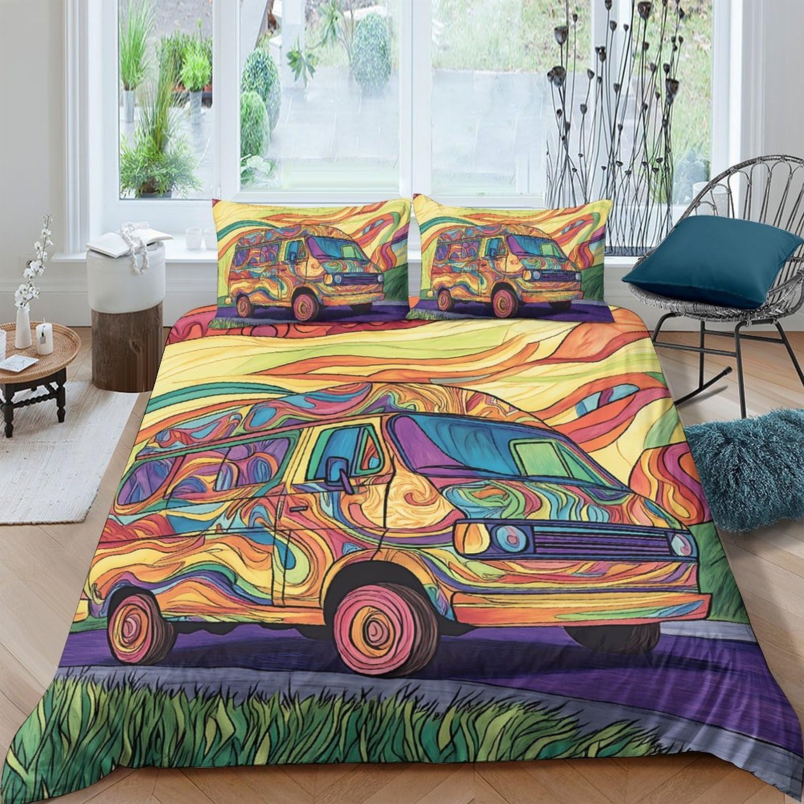 Ctjqhvkz Style-3 3D Printed Psychedelic Van Fitted Sheet Microfiber Vibrant Art Bed Sheet Anti-Slip Easy Care For Bedroom Dorm Decor Single（135X200cm）