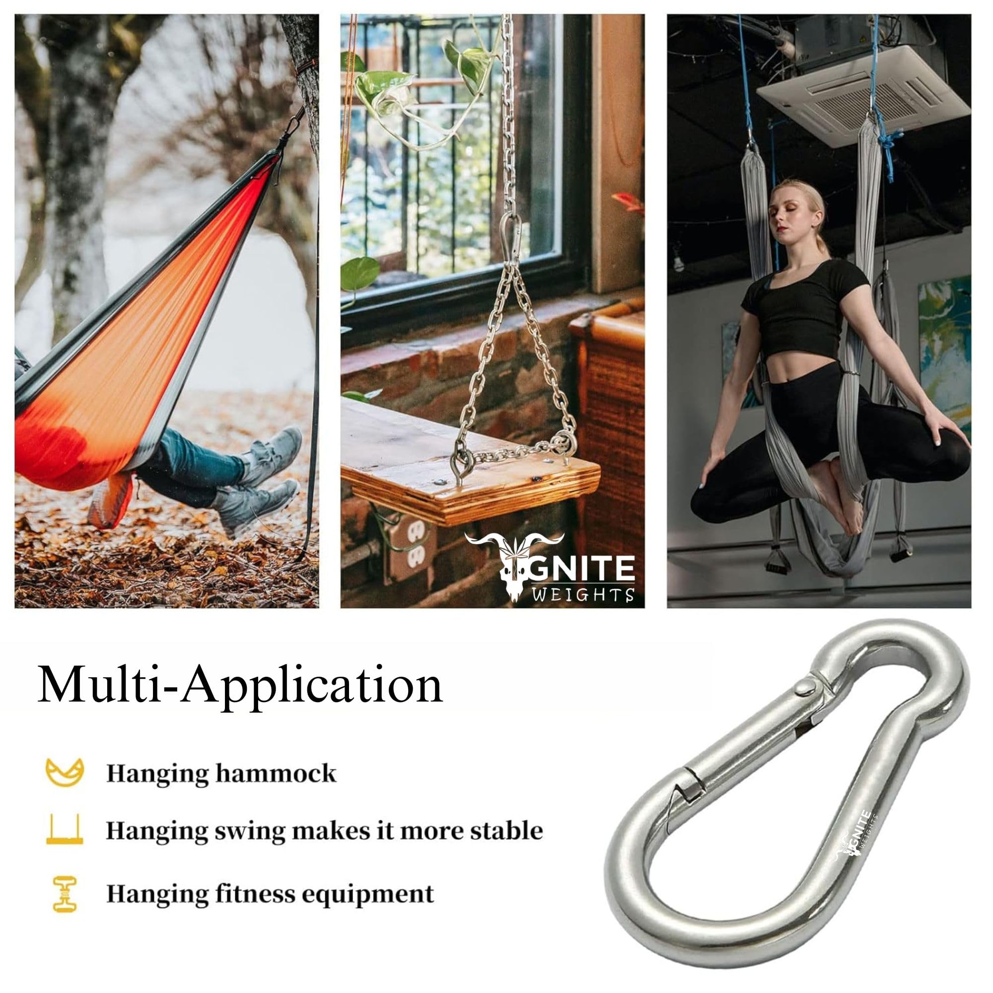 IGNITE WEIGHTSยฎ Heavy Duty, Stainless Steel Carbiner Clip Snaphook-3.16Inch Safety Lock Cable Attachment, Keychain, Hook Swing Connector, (Silver) Pack of 4 3