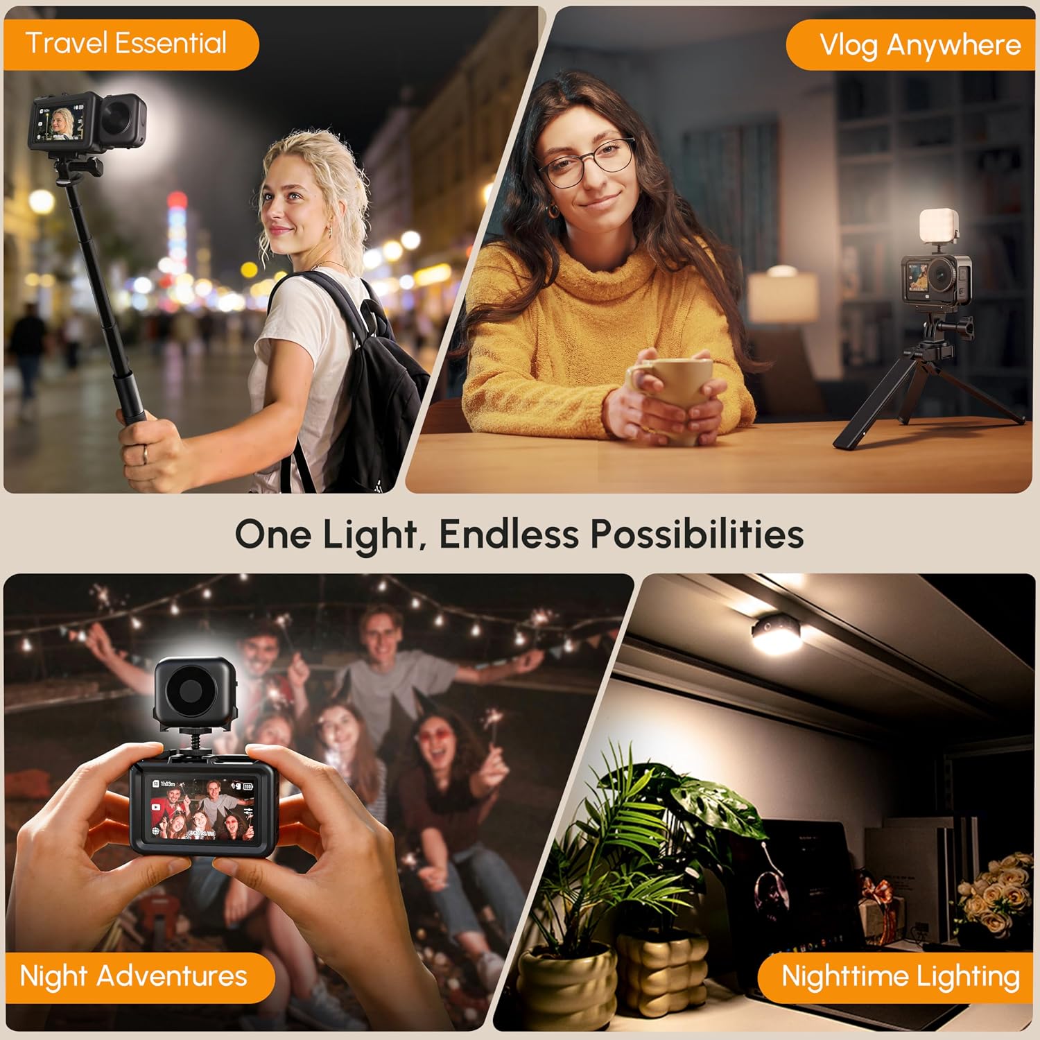 Action 4 Light with Cold Shoe Mount for DJI Nano/Osmo Action 5 Pro/6, 4 Adjustable Brightness Modes for Nighttime Outdoor Video Travel Record(Cold/Natural/Warm White/Warm Yellow)