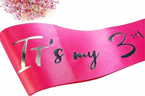 Miniatura 4 de Banda de 3er cumpleaños para niña pequeña, banda de tercer cumpleaños para niñas, banda suave de satén rosa intenso con letra de papel de aluminio