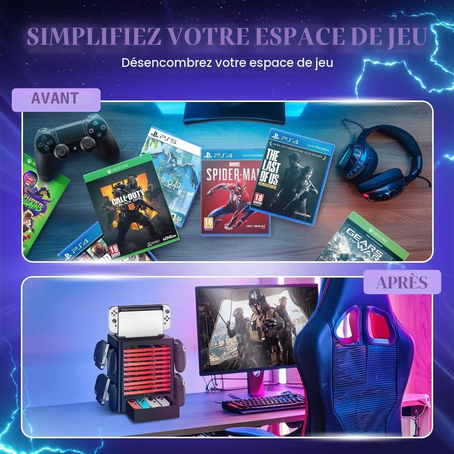 TNP Station de rangement pour Nintendo Switch OLED avec support de station d'accueil, étagère verticale pour 10 boîtiers de jeu, 4 contrôleurs, tiroir Joy-Con, noir