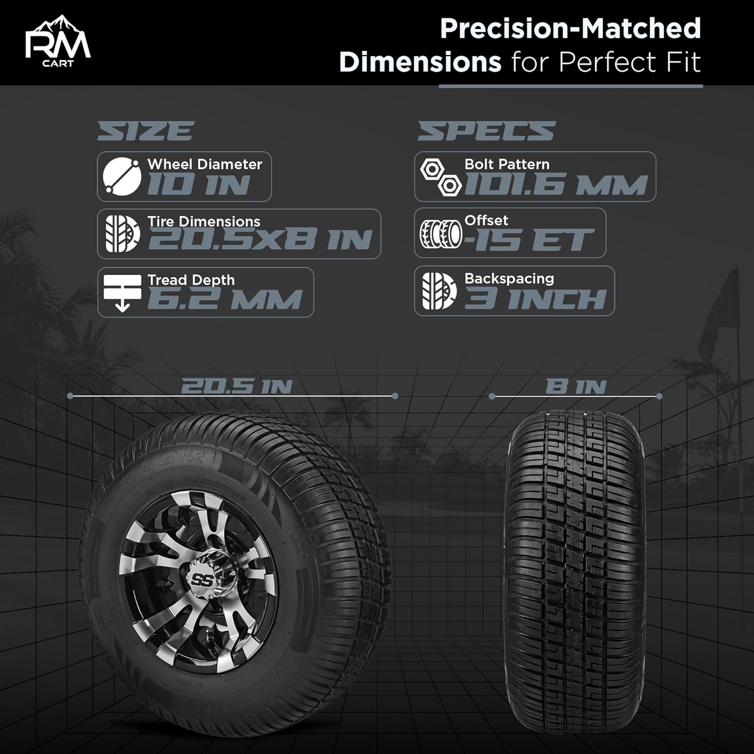 RM Cart – 10" Warlock Black/Machined on 205/65 R10 Deli Radial Low Rise Tires (Set of 4) | Golf Cart Tires and Wheels Combo with Standard Lug Nuts