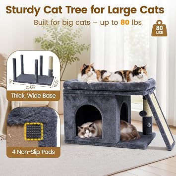 Cat Tree Tower with Scratching Post for Large Kitty, Dark Grey