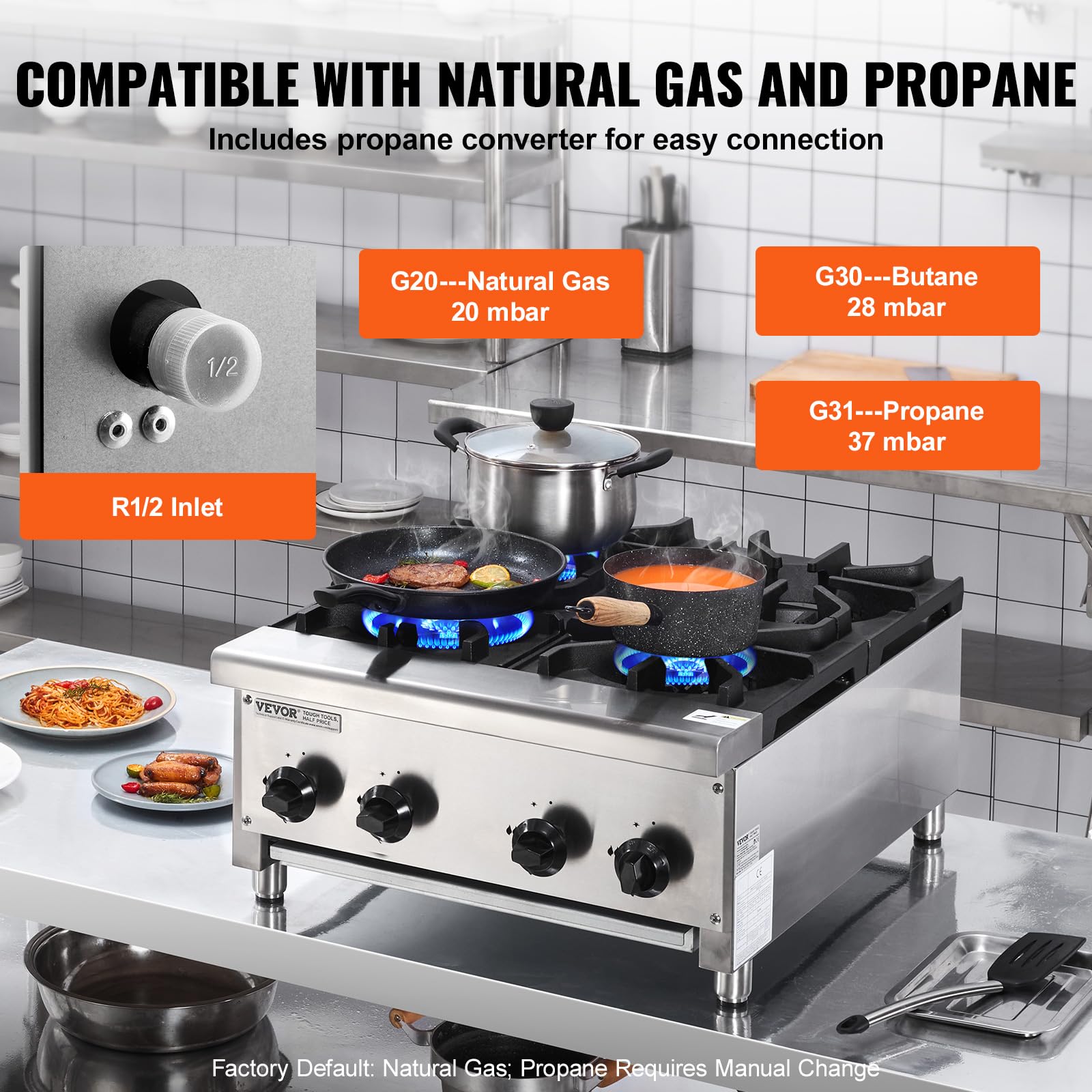 VEVOR Cuisinière à Gaz Commerciale avec 4 Brûleurs, Plaque de Cuisson de Comptoir au Propane et au Gaz Naturel, 28 kW, en Acier Inoxydable, Équipement de Cuisson Commercial pour Restaurant Domicile