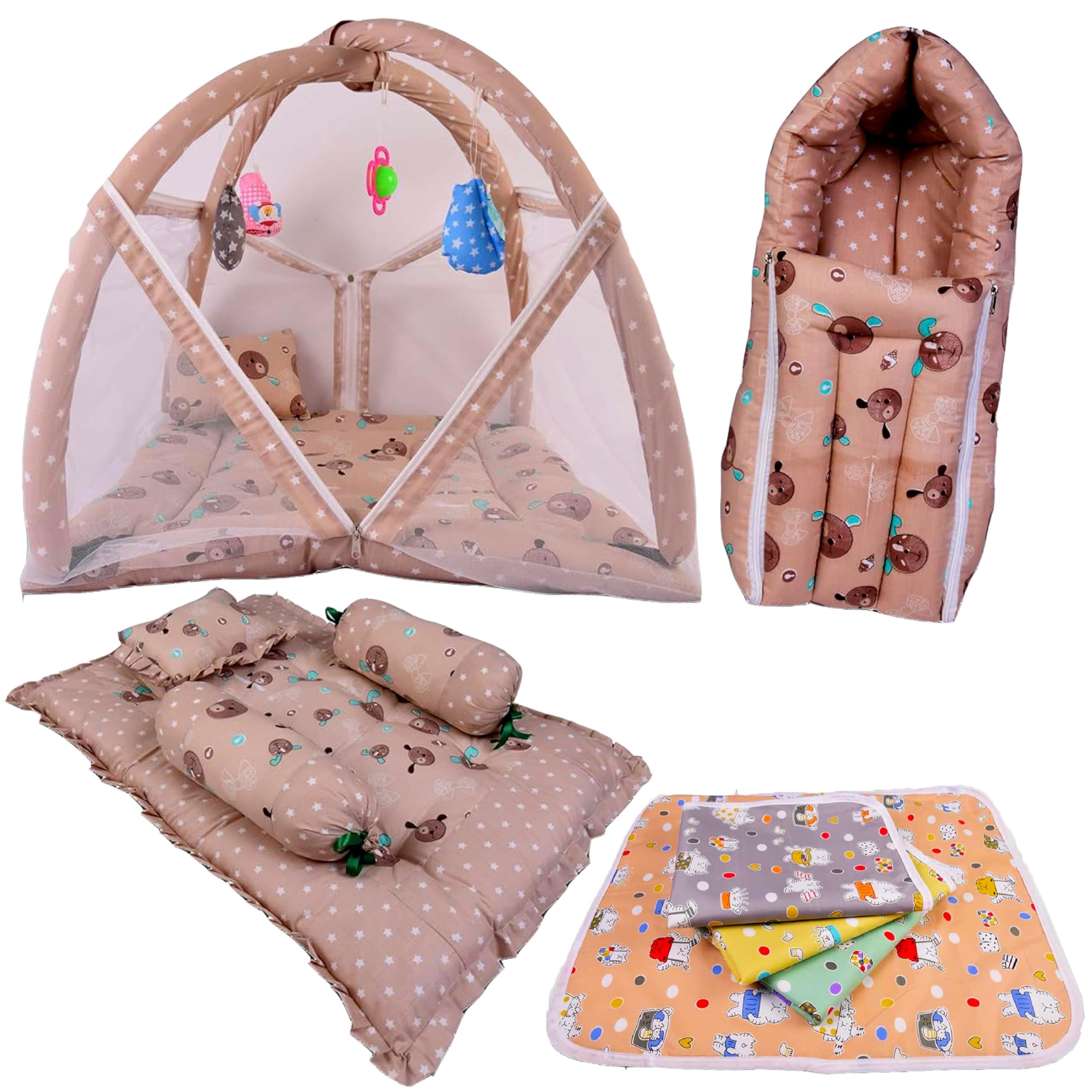 Kwitchy New Born Baby Bedding Set Combo Carry Bag Essential Items for Unisex Baby Shower Gift Pack Infants(Brown, 0-6 Months) (4PCS Set)-image-0
