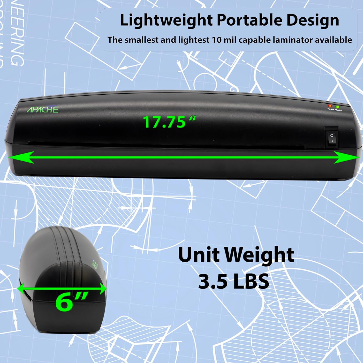 Dimensions of the Apache AL13 laminator, showing its length of 17.75 inches and unit weight of 3.5 lbs.