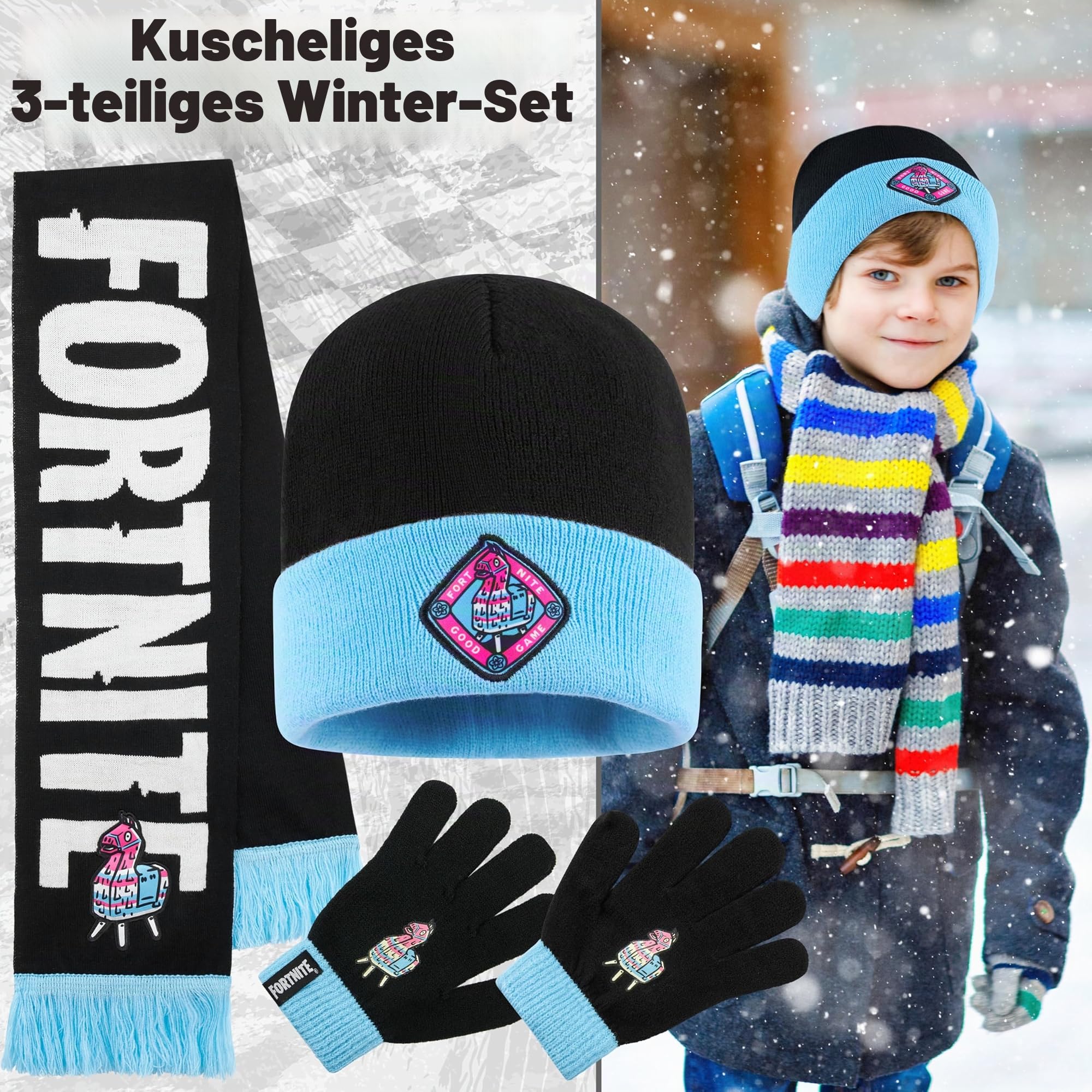 Fortnite Mütze Kinder Handschuhe Schal Set, 3-in-1 Beanie Jungen, Weich & Warm, Lizenziert, Gamer Geschenke für Jungs