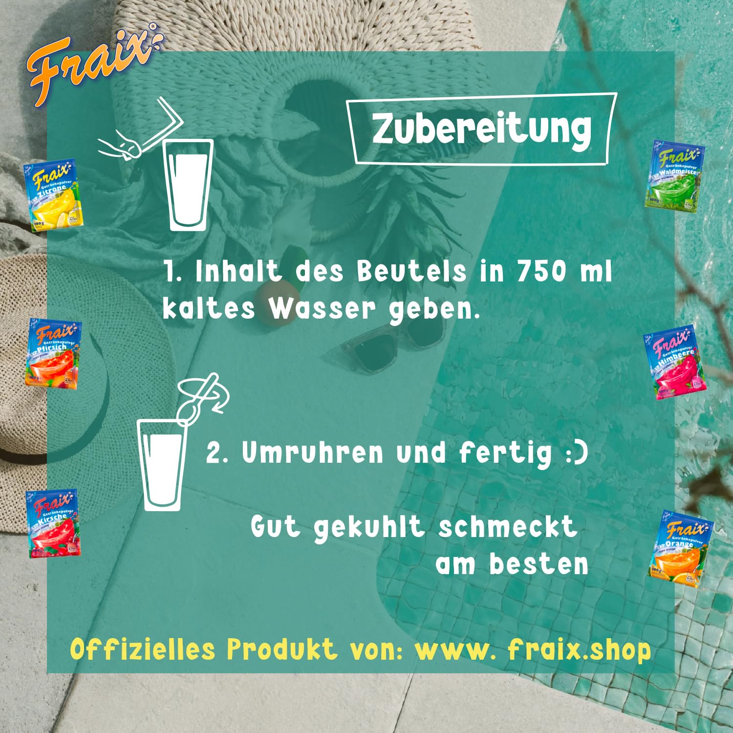 FRAIX Getränkepulver 6 Sorte Mixed Vorteilspack - je 25 Packungen (150er Pack x 100g) 6 Geschmacksrichtungen - Perfekt für Familie, Picknick, Party, Camping, unterwegs