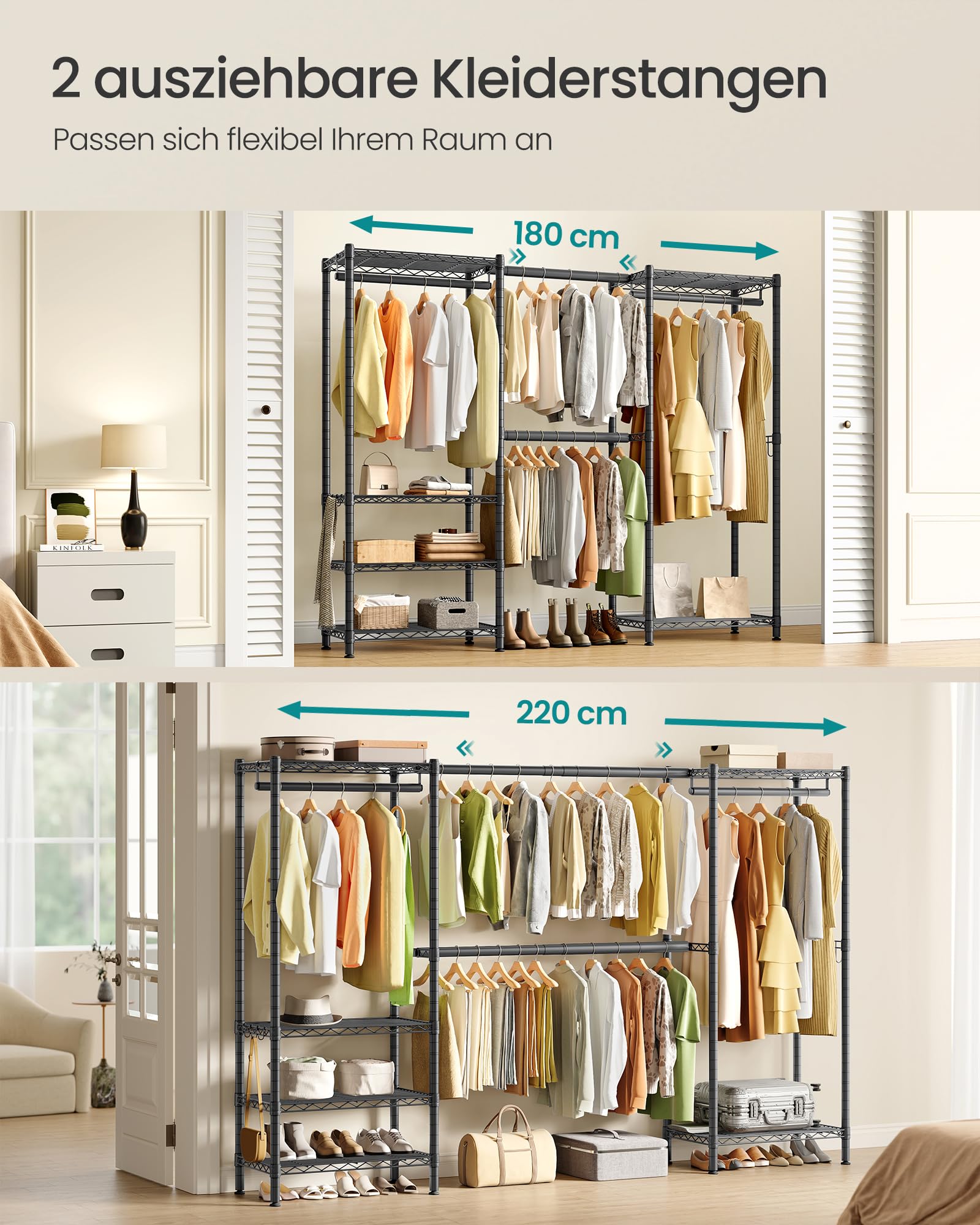 SONGMICS Kleiderständer, offener Kleiderschrank, ausziehbarer Garderobenständer, mit verstellbaren Ablagen und Kleiderstangen, Haken, 40 x (177-220) x 193 cm, tintenschwarz LGR438BH01