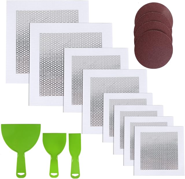 MHAEACU 15pcs Wall Repair Kit Wall Repair Patch Plasterboard Patch Wall Hole Repair Patch Self Adhesive Mesh Wall Patches 4/6/8 Inch with Plastic Putty Knife and Sanding Pads for Drywall