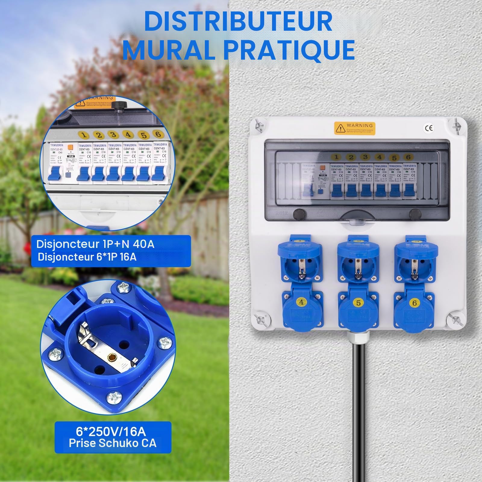 Coffret Électrique de Chantier - Distributeur électrique étanche IP65 avec disjoncteur - Répartiteur Mural avec prise IP54 250 V/16 A - Distributeur électrique à courant fort pour l'extérieur