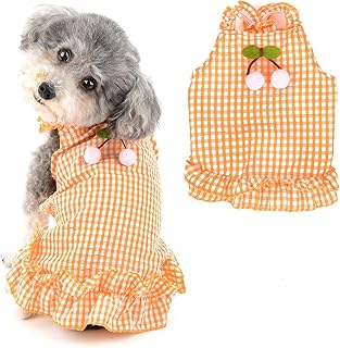 Ranphy Dog Dress for Small Dog Girls Plaid Pet Pleated Skirts with Cherry Decorate Puppy Spring Summer Outfits Chihuahua Yorkie Cats Apparel, Orange, S