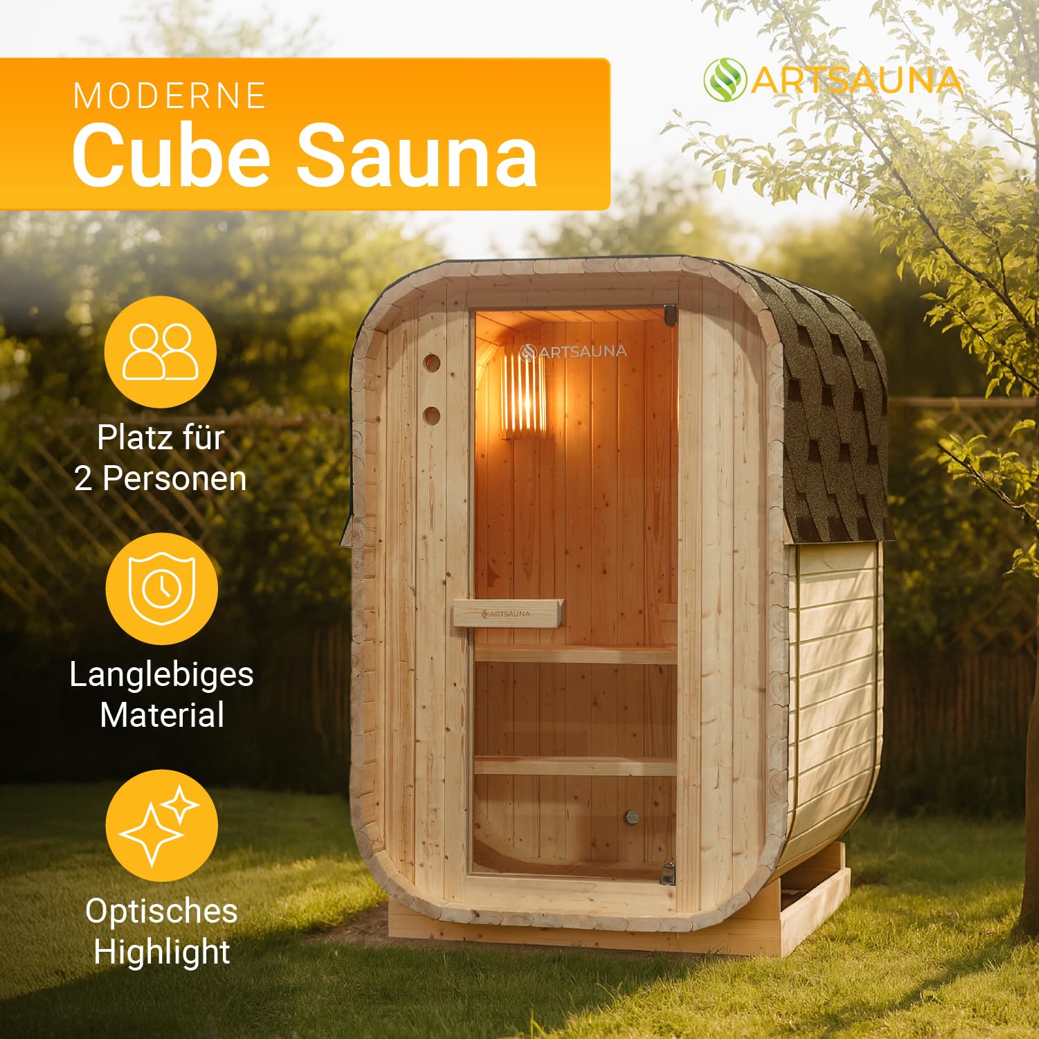 Artsauna Fasssauna Nolvik S Outdoor-Sauna Fichtenholz 3,6 kW Ofen LED Komplettset Winterfest Cube Design
