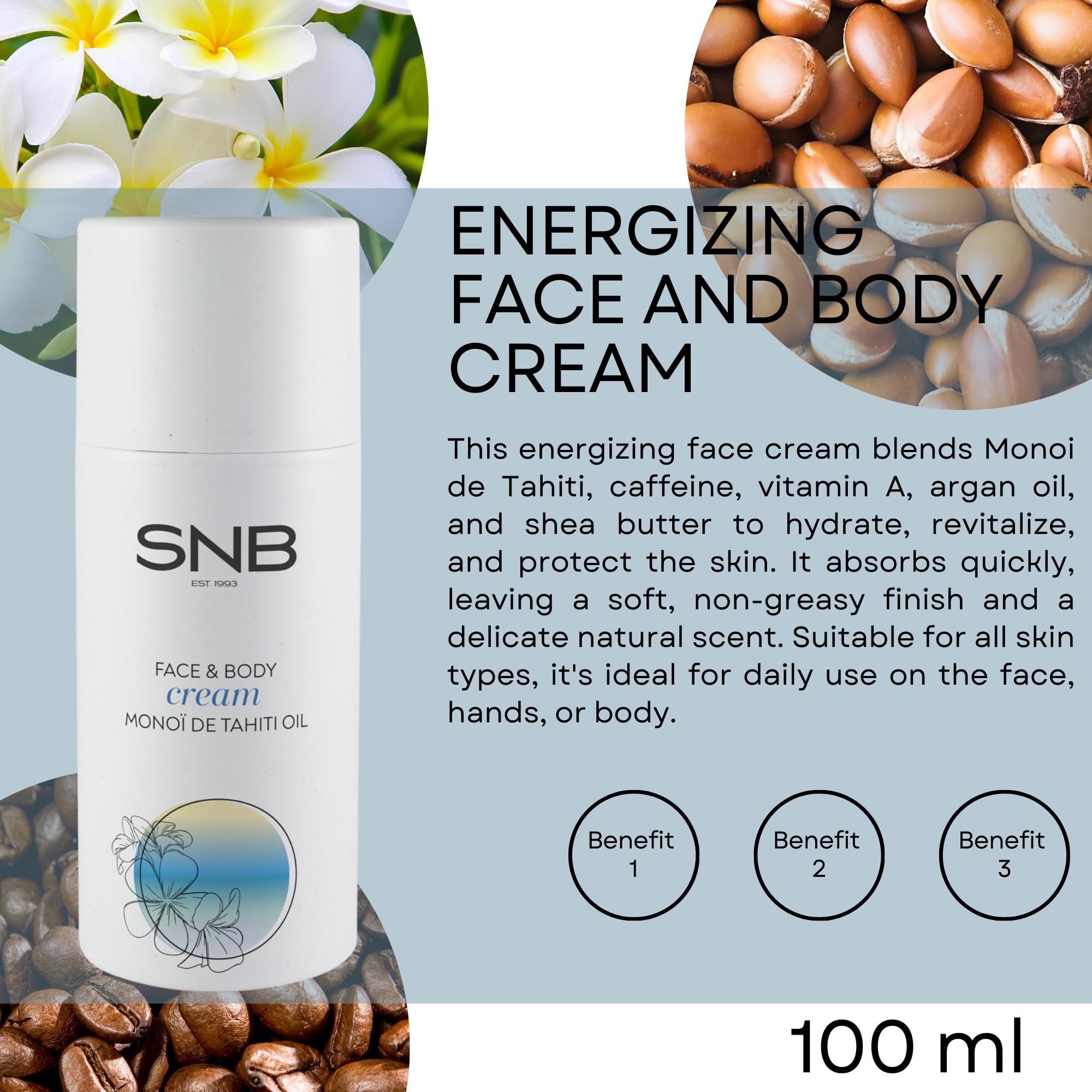 SNB Professional Energising Cream for Face 100 ml with Monoi de Tahiti Caffeine, Vitamin A - Image 2