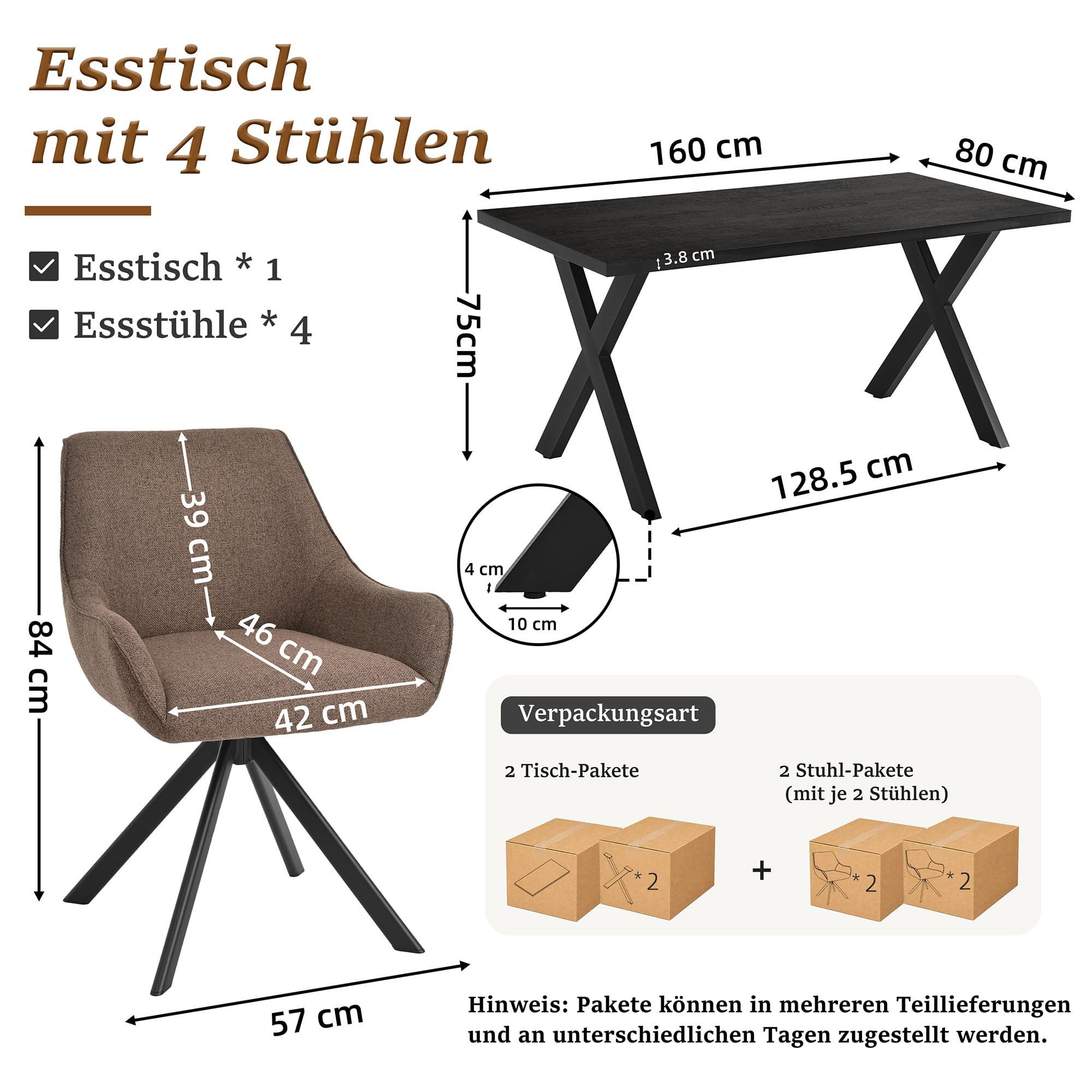 Juego de mesa de comedor de 5 piezas, 160 x 80 cm, con 4 sillas