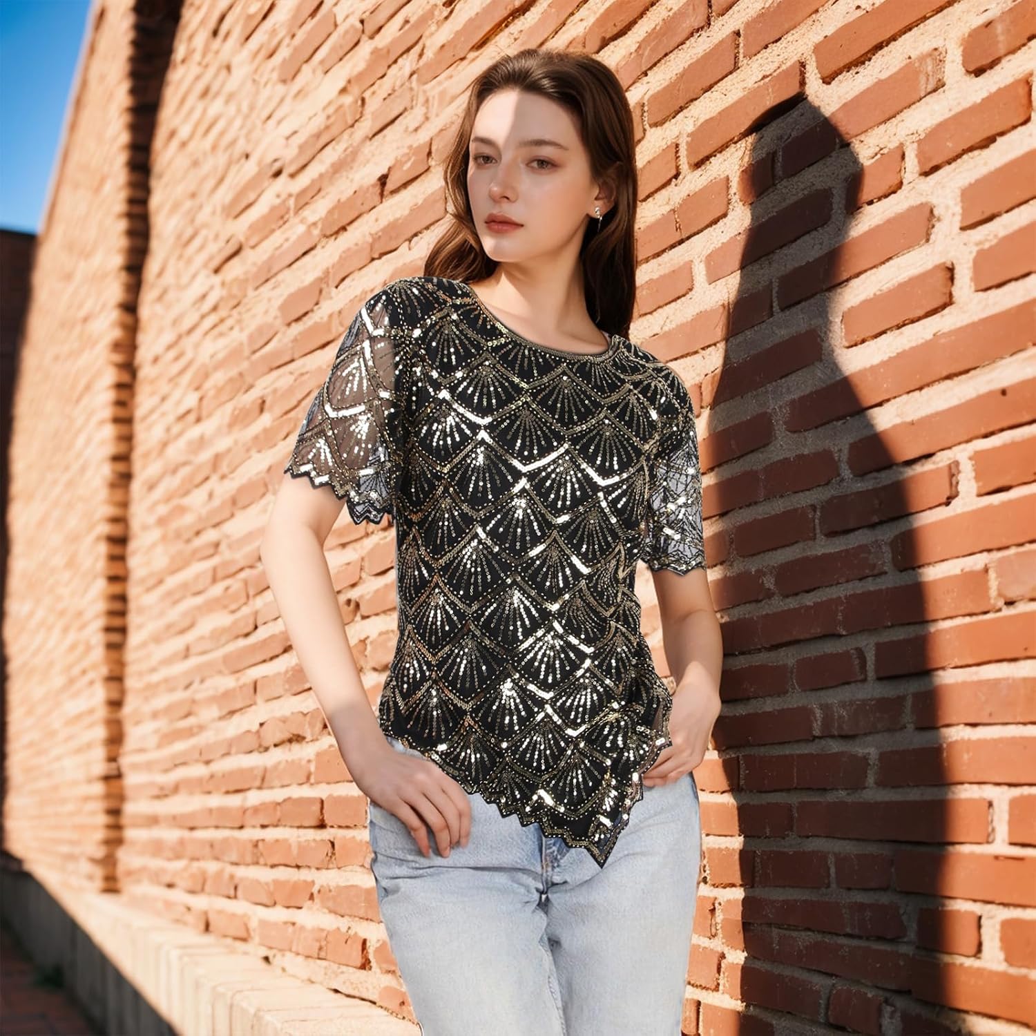 Vijiv Women's Chic Sequin Beaded Top Shimmer Glitter Blouse Fish-Scale Bell Sleeve Irregular Hem Formal Gatsby Shirt - Image 6