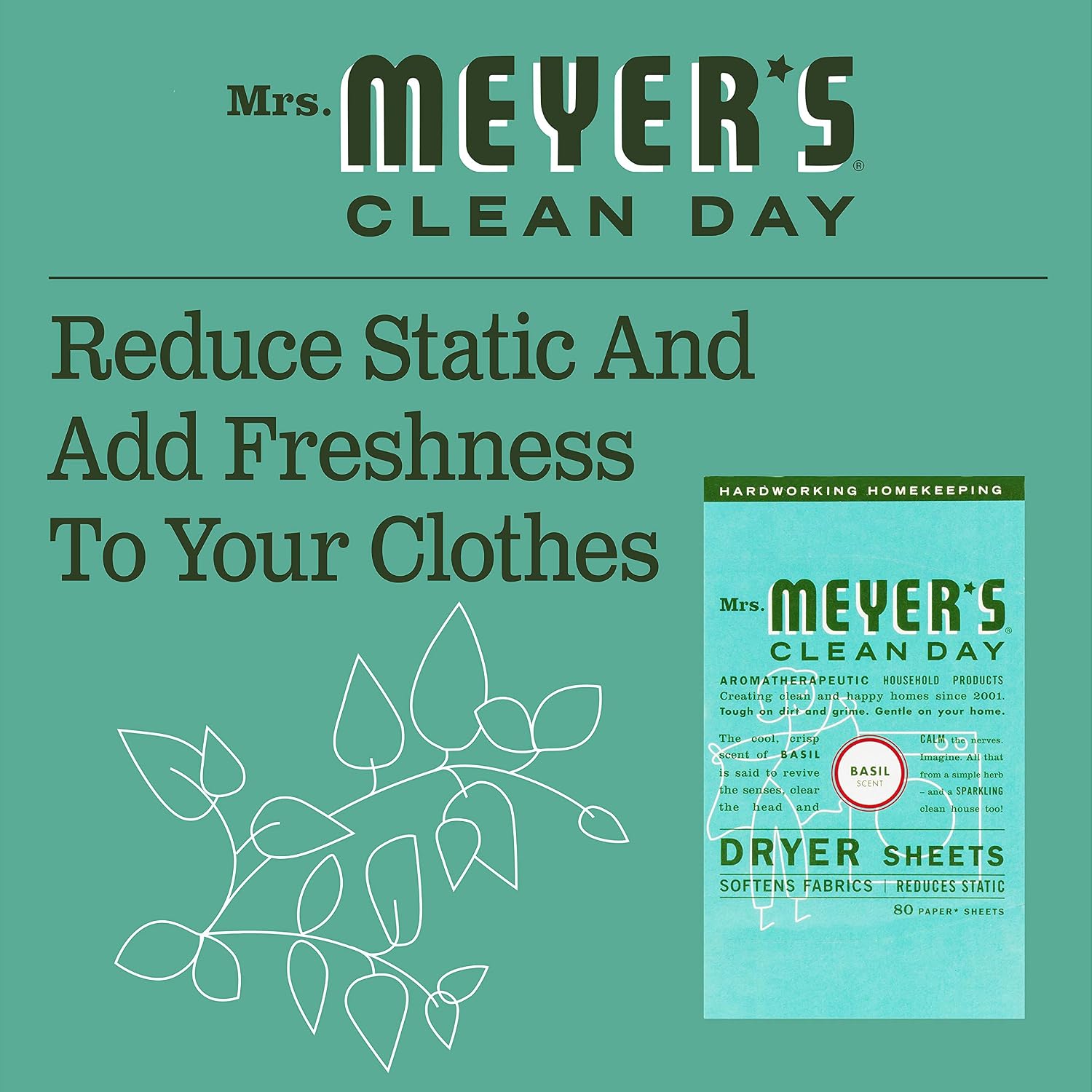 Mrs. Meyer's Dryer Sheets, Fabric Softener, Reduces Static, Infused with Essential Oils, Basil, 80 Count