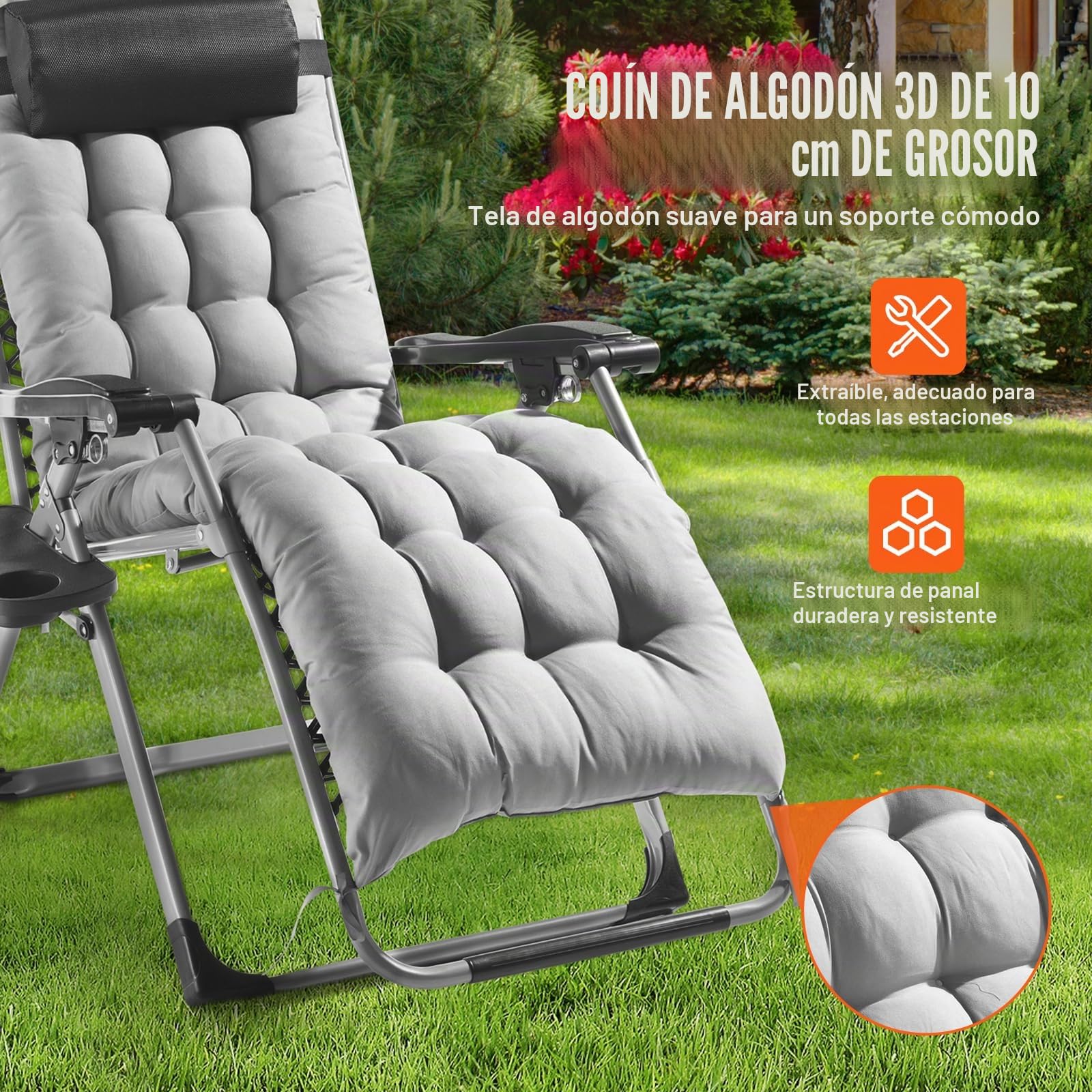 VEVOR Silla de Gravedad Cero 645 mm Sillón Reclinable para Jardín Tumbona para Terraza Capacidad de 226,8 kg Tumbona Antigravedad Ajustable con Cojín Reposacabezas Reposapiés Portavasos, Gris