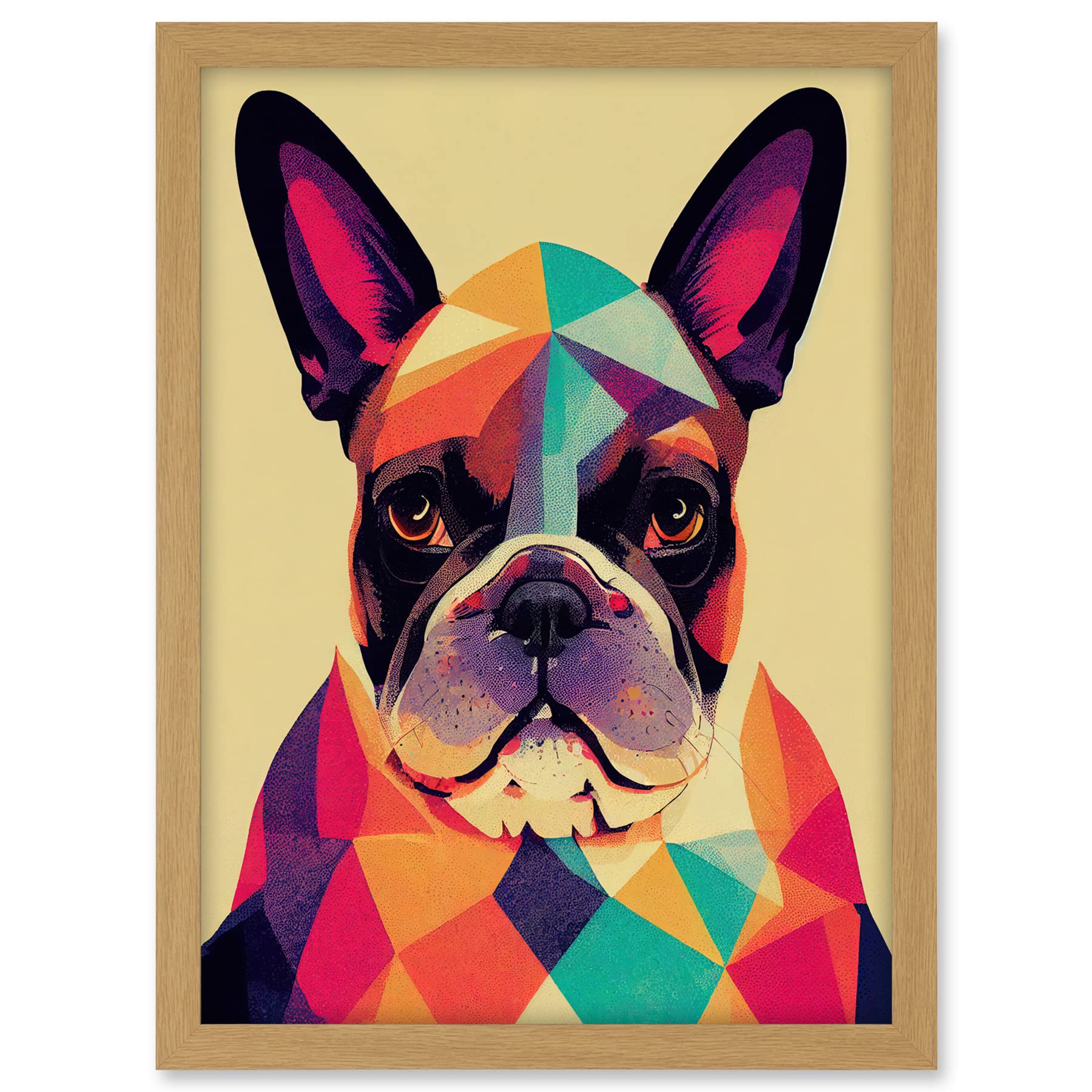 Wee Blue Coo Vibrant Colourful Geometric French Bulldog Portrait Design Artwork Framed A3 Wall Art Print