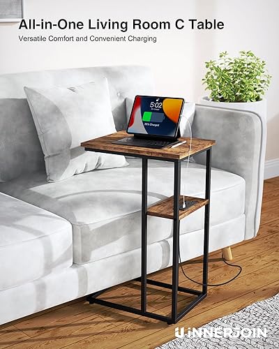 Miniatura 15 de Innerjoin Mesa auxiliar con estación de carga, juego de 2, mesa auxiliar en forma de C con tira de luz LED, puertos USB A y C de carga rápida, mesa