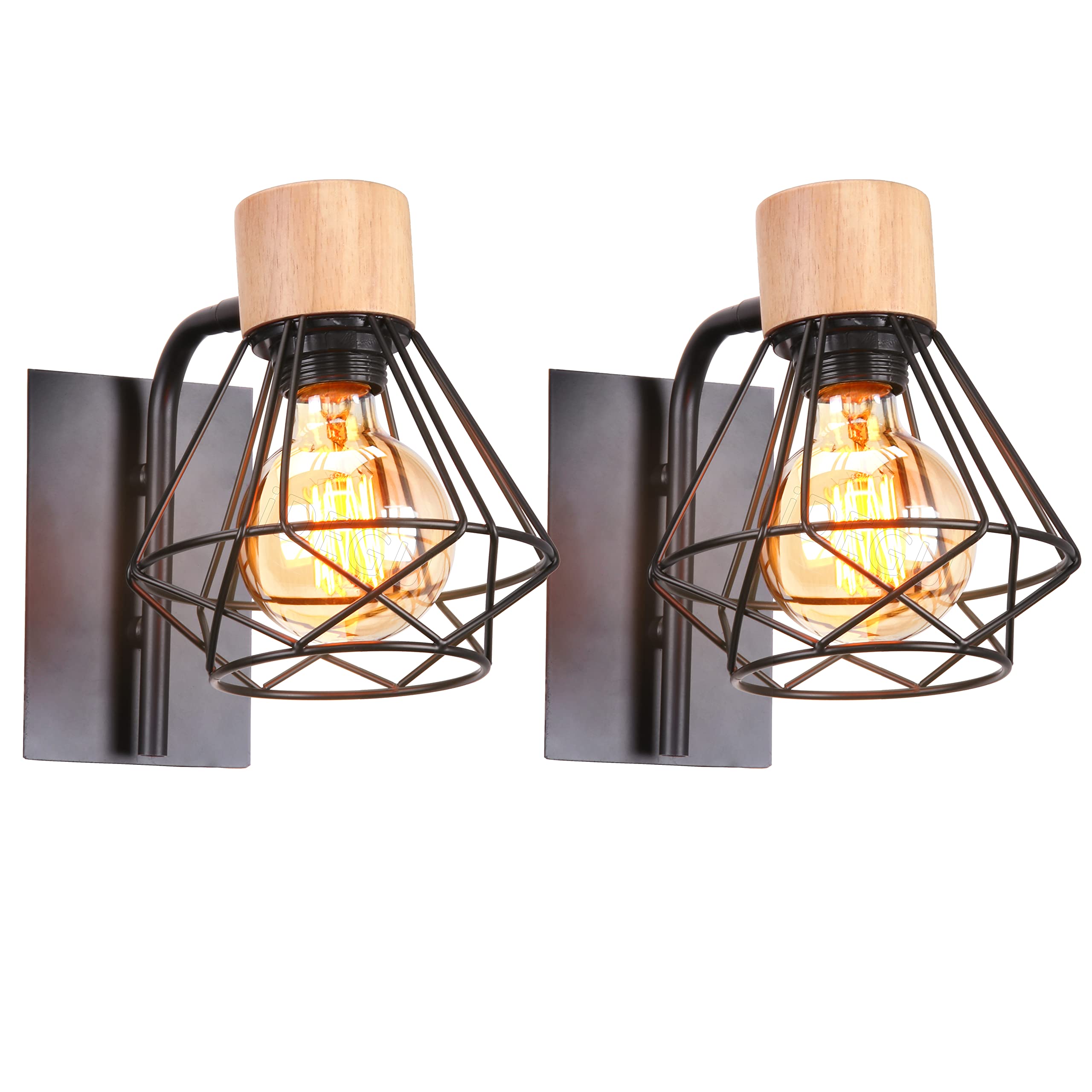 iDEGU Lot de 2 Applique Murale Intérieure Industrielle Luminaire Réglable en Bois Fer Design Cage Noir Rétro Éclairage E27 Lampe Murale Vintage pour Chambre Salon Cuisine (Applique Réglable, 2 Pack)