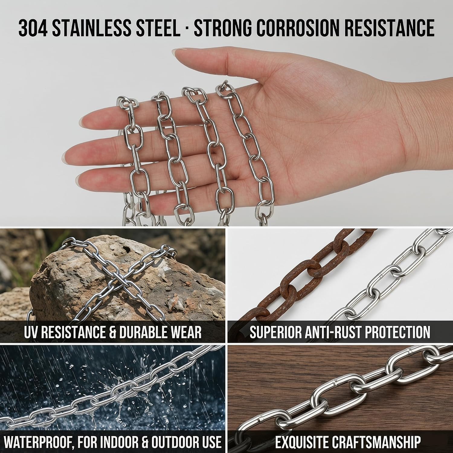 50ft Silver Stainless Steel Hanging Chains 2mm Heavy Duty Jack Chain Stainless Chain with 6 Pcs Metal Chains Link and 8 Pcs S Hooks for Hanging Light Fixture, Chandelier, Flowerpots or Others DIY