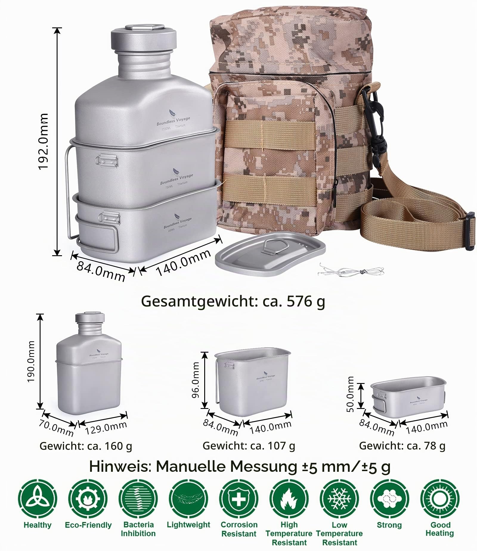 Boundless Voyage Titanium Military Canteen mit Tarnbeuteln Niereförmiges Camping Pot Pan Set mit großer Kapazität und Deckel und hängender Kette