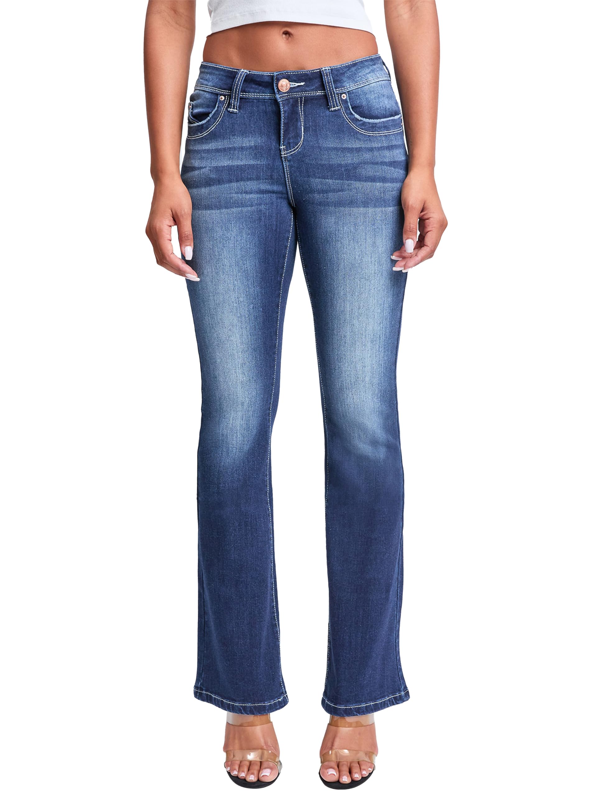 YMI Women's Wannabettabutt Low Rise Embroidered Flare Jeans