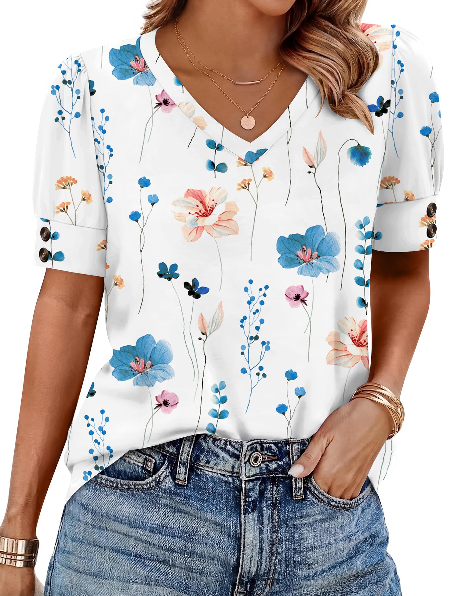 Rapbin Bluse Damen V-Ausschnitt Kurzarm Top Tunika Locker Sommer Elegant Casual Oberteile Ärmel mit Knöpfen