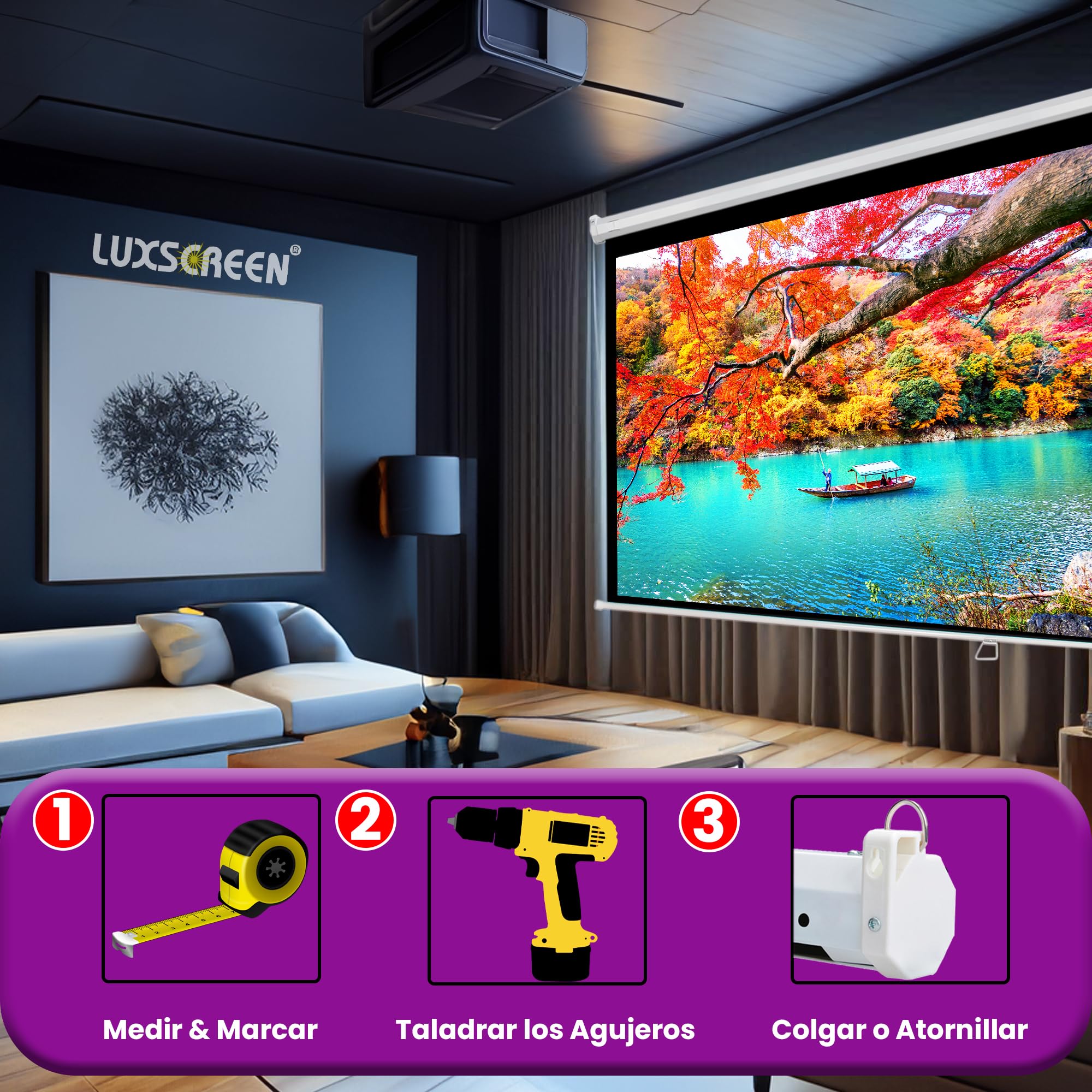Schermo per proiettore manuale 100 pollici 16:9 Luxscreen, area visibile bianca 220 x 124 cm, richiede uno spazio di installazione di 236 cm, installazione a parete o soffitto