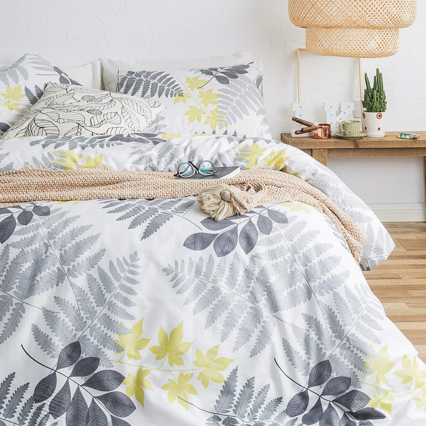 Rеvіеw Dіѕсоunt YuHeGuoJi Duvet Cover Set 100% Cotton King Size Botanical Bedding 3 Piece Set 1 Grey Yellow Leaves Plants Print Duvet Cover with Zipper Ties 2 Pillowcases Hotel Quality Soft Breathable Comfortable