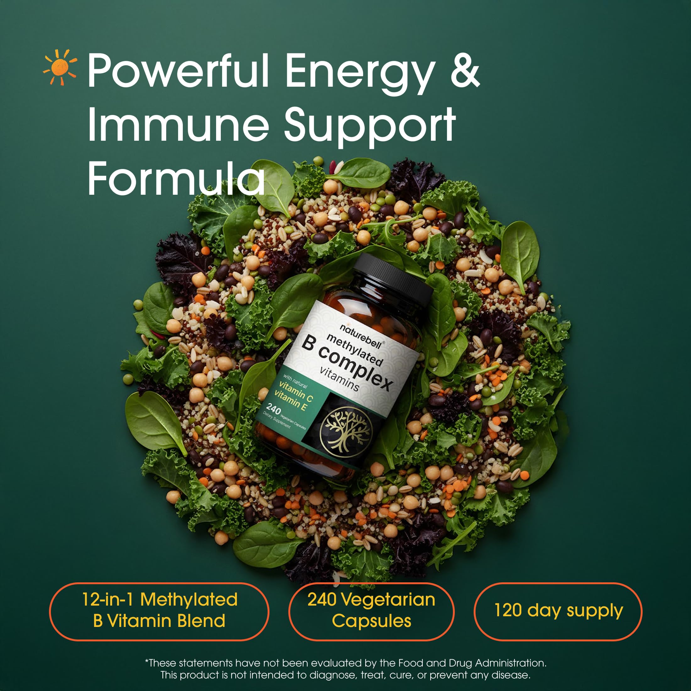NatureBell Methylated B Complex Vitamins - 240 Vegetarian Capsules - High Bioavailability 12-in-1 Formula - for Immune Health & Energy Support* - Non-GMO & Gluten-Free — Amazon image 2