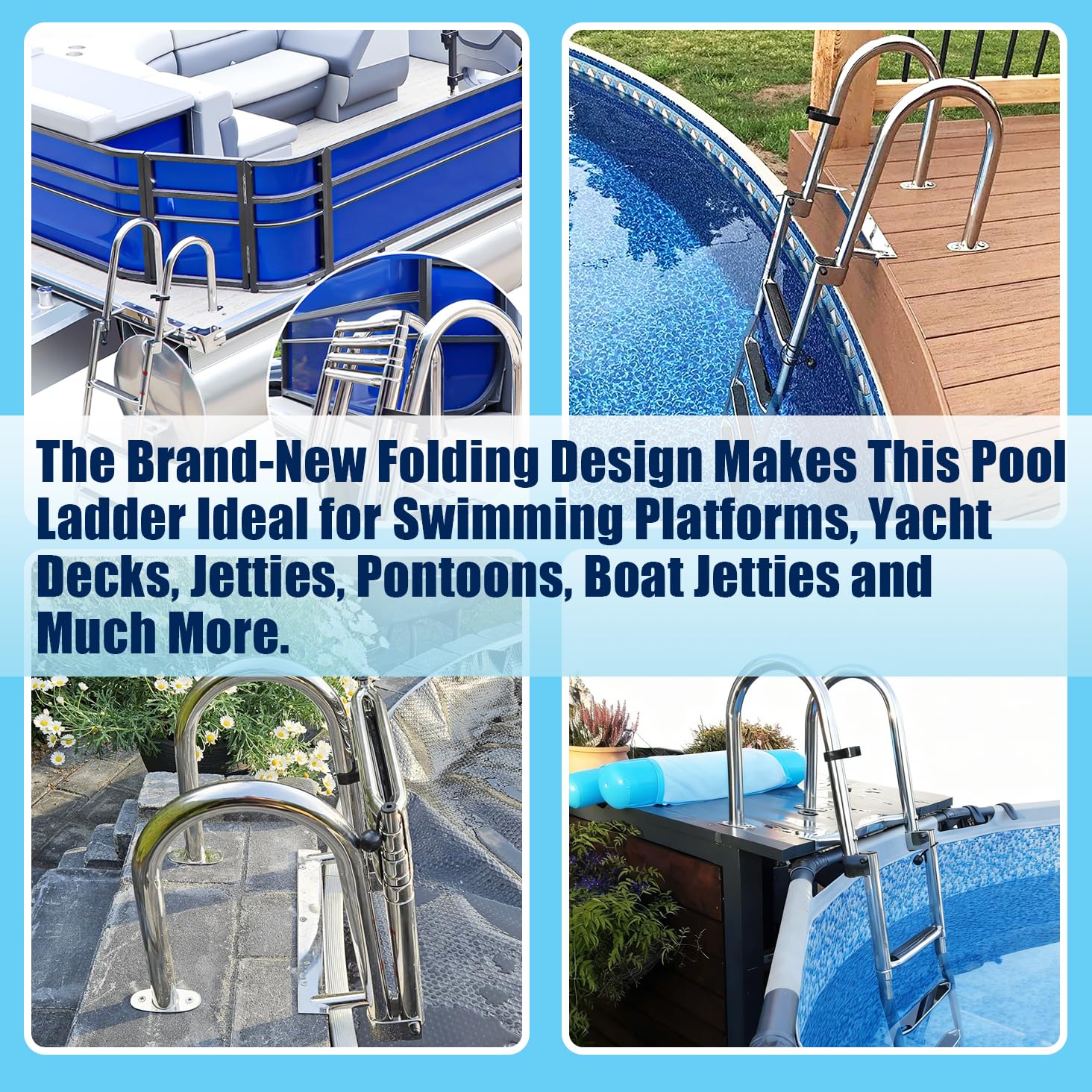 Scala Pieghevole per Piscina/Barca in 316 Inox Portata 200Kg | 4 Gradini Antiscivolo + Doppio Corrimano Arcuato, ideale sia per piscine domestiche che per barche, yacht e gommoni