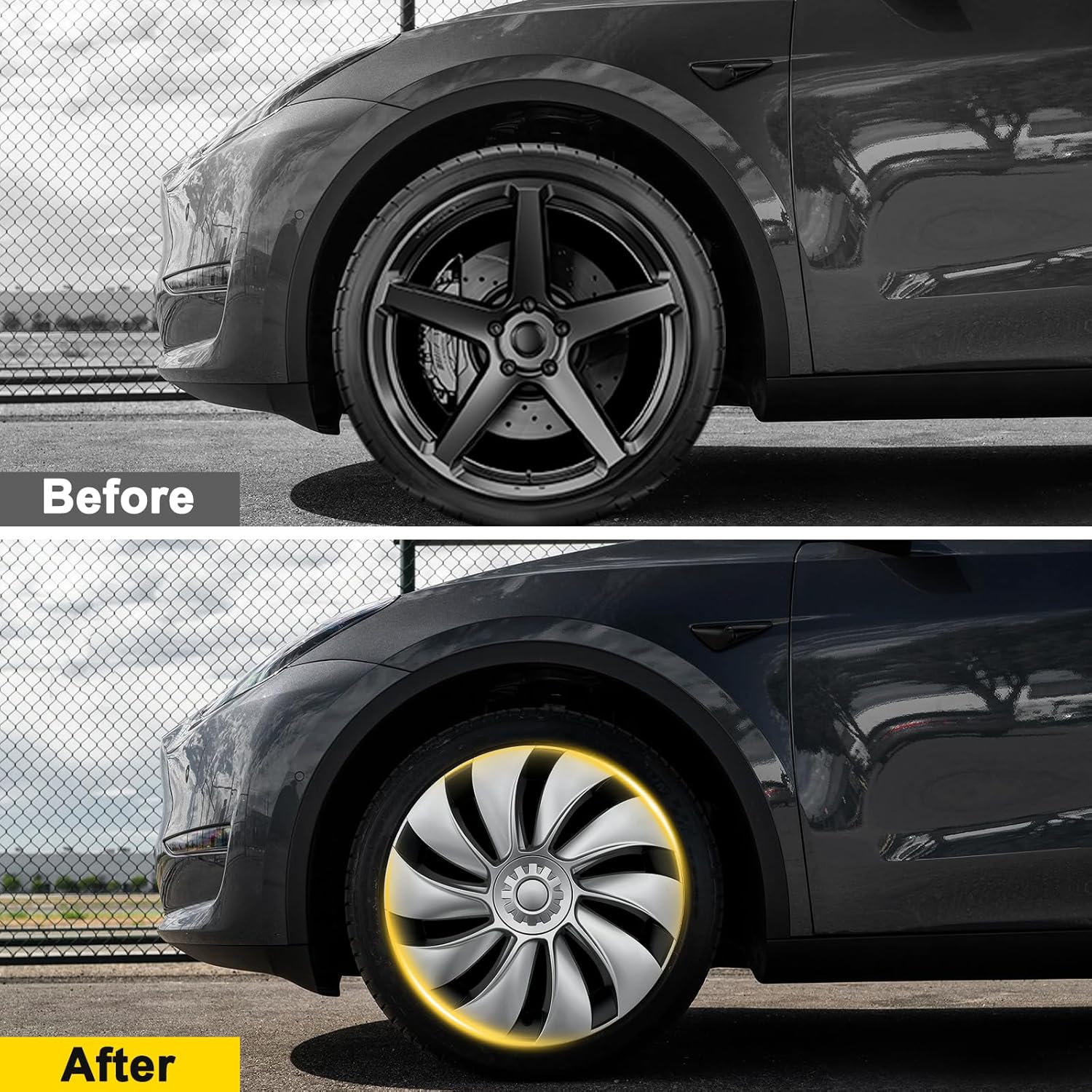 Hubcaps for Tesla Model Y Juniper 2026, 19 Inch Matte Black Wheel Covers with Center Caps,Rim Protectors, Easy Clip-On Installation, for Model Y Juniper Accessories 2025 2026 (Black+Silver)