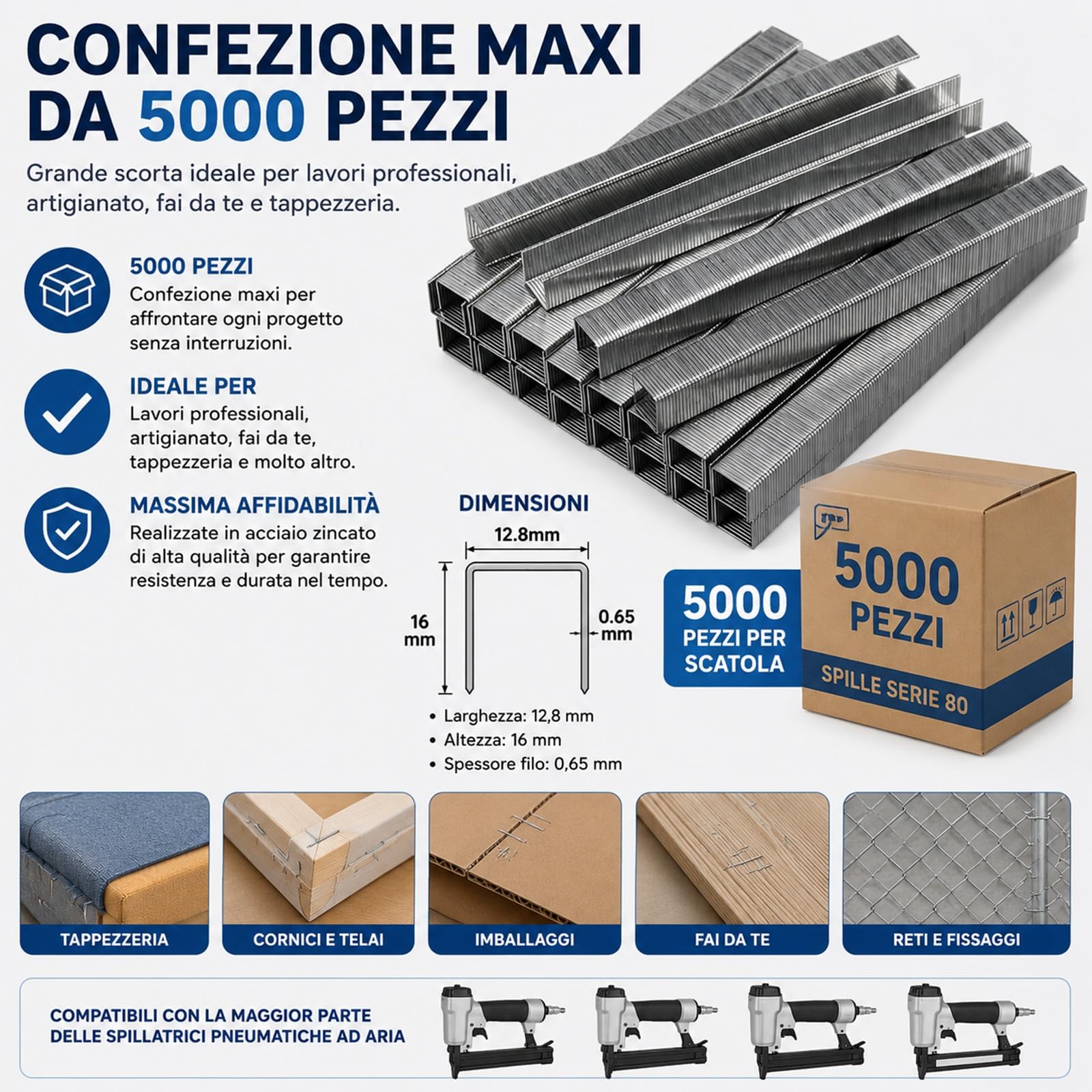 Topolenashop 5000 Spille Serie 80 per Spillatrici Pneumatiche 12,8 x 16 mm – Graffe in Acciaio Galvanizzato per Tappezzeria, Legno, Tessuti, Imbottiture e Falegnameria | 8016