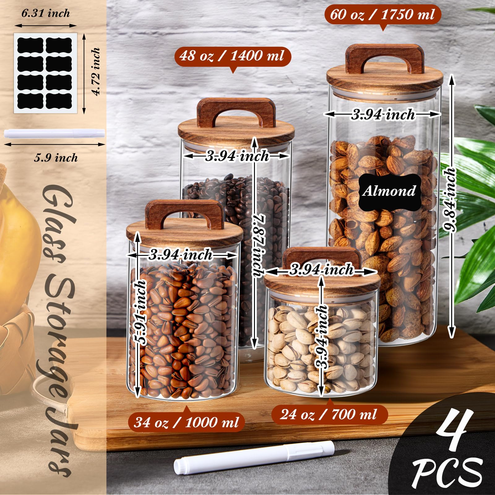 Layhit 4 barattoli da cucina in vetro retrò, sigillati, contenitori per alimenti con manici facili da impugnare, set di contenitori per caffè, tè, zucchero, con adesivi per biscotti, farina di riso, 4