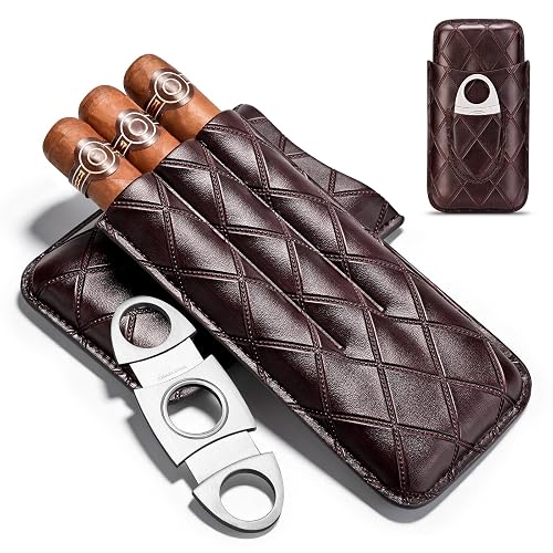 Leather 3 Pack Cigar Case with Cutter, Portable Tube Case