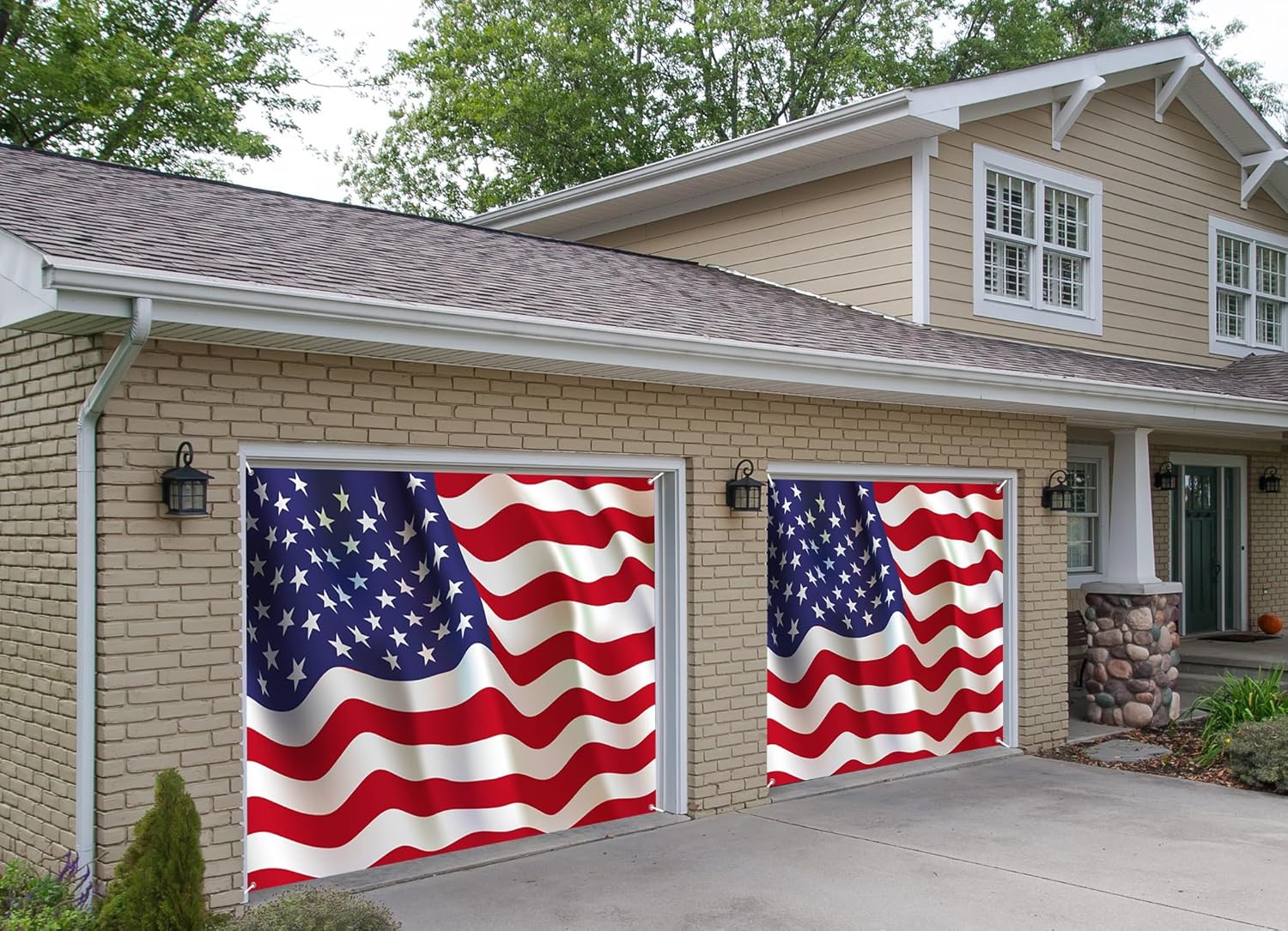 7x8ft American Flag Garage Door Decor Red Blue Star Flag Premium US Flags Garage Door Cover Independence Day Veterans Day 4th of July Patriotic President's Day Garage Door Backdrop