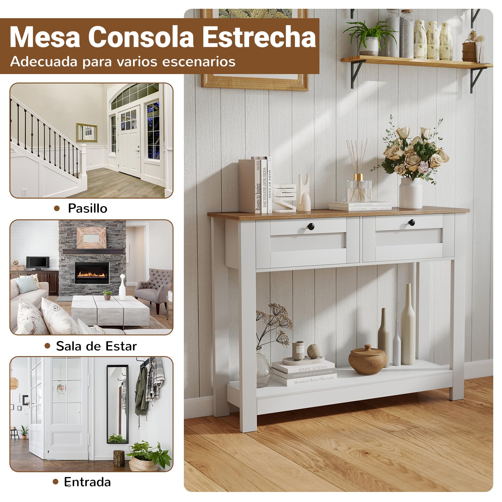 COSTWAY Consola Recibidor con 2 Cajones, Mesa de Entrada Estrecha con Estante Abierto, Mesa Auxiliar con Kits Antivuelco para Salon, Pasillo, Entrada, 106 x 30 x 81,5 cm