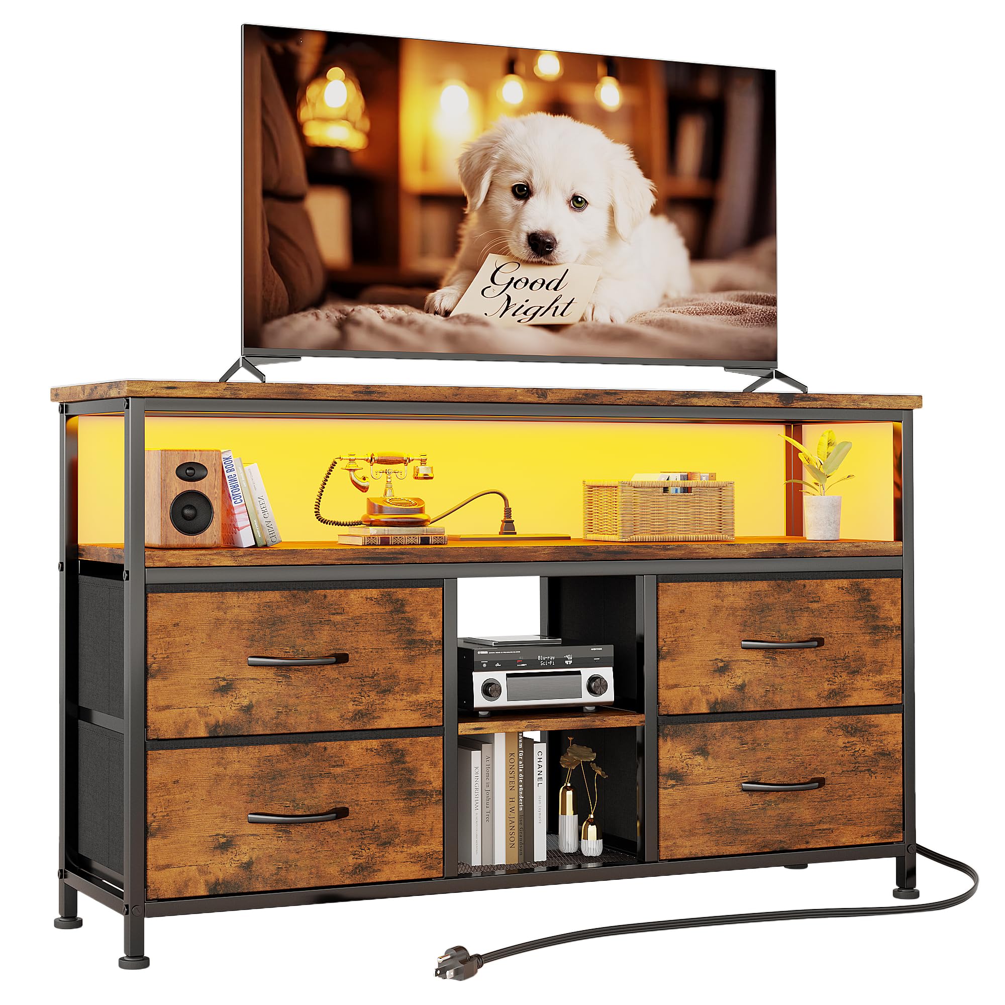 VERMESS 110cm TV Stand, TV Cabinet with Power Outlets & LED Light, 4 Fabric Drawers TV Unit for TVs Up to 55 inch, Entertainment Center for Living Room, Bedroom, Vintage