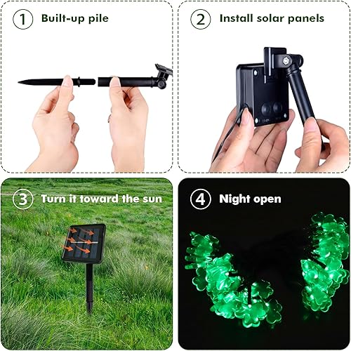 Miniatura 7 de BeHiller Guirnalda de luces solares de trébol verde para decoración del día de San Patricio, 50 luces LED solares de trébol de la suerte, decoración