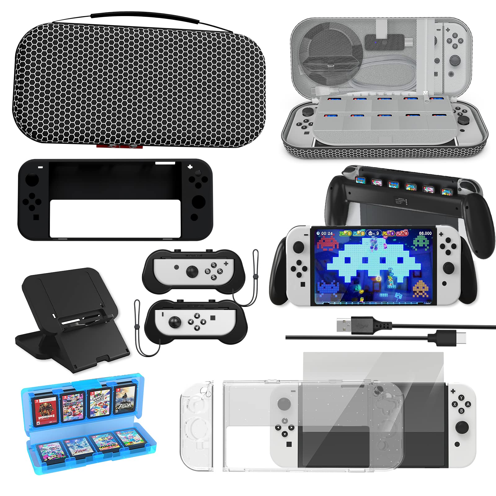 Accessories Bundle for Nintendo Switch OLED Model(2021), Super Kit with Carrying Case,Adjustable Console Playstand ,Handle Grips, Grips for Joycons，Clear Cover Protector and more(10 in 1)